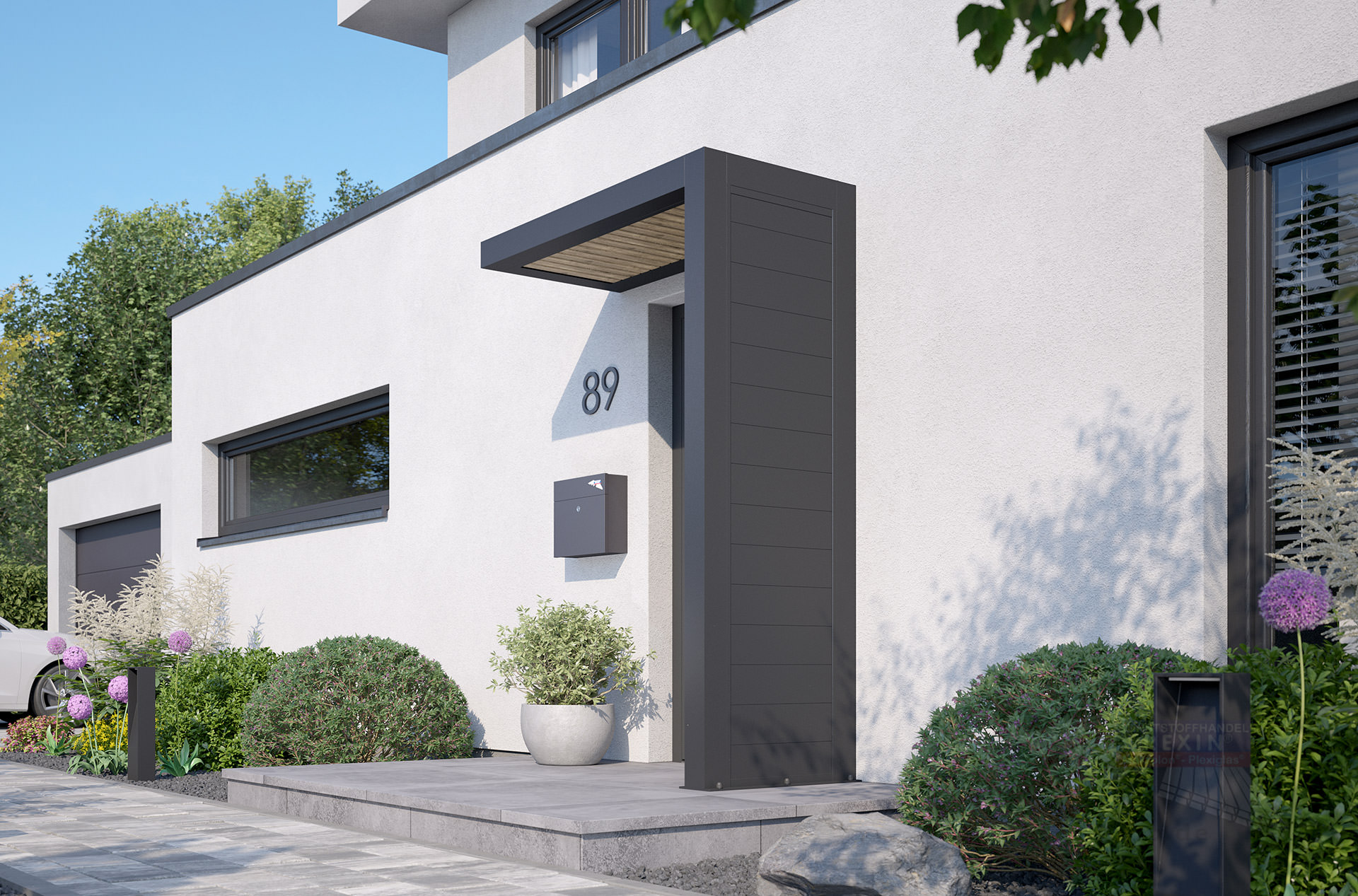 rexolife_1500x800_db703_trennwandprofile_db703_rhombusprofile_treibholz_rechts_kamera_b_klein REXOlife® Haustür-Vordach, Dach: Rhombus, Treibholz – Seitenteil: Alu Trennwand, Anthrazit