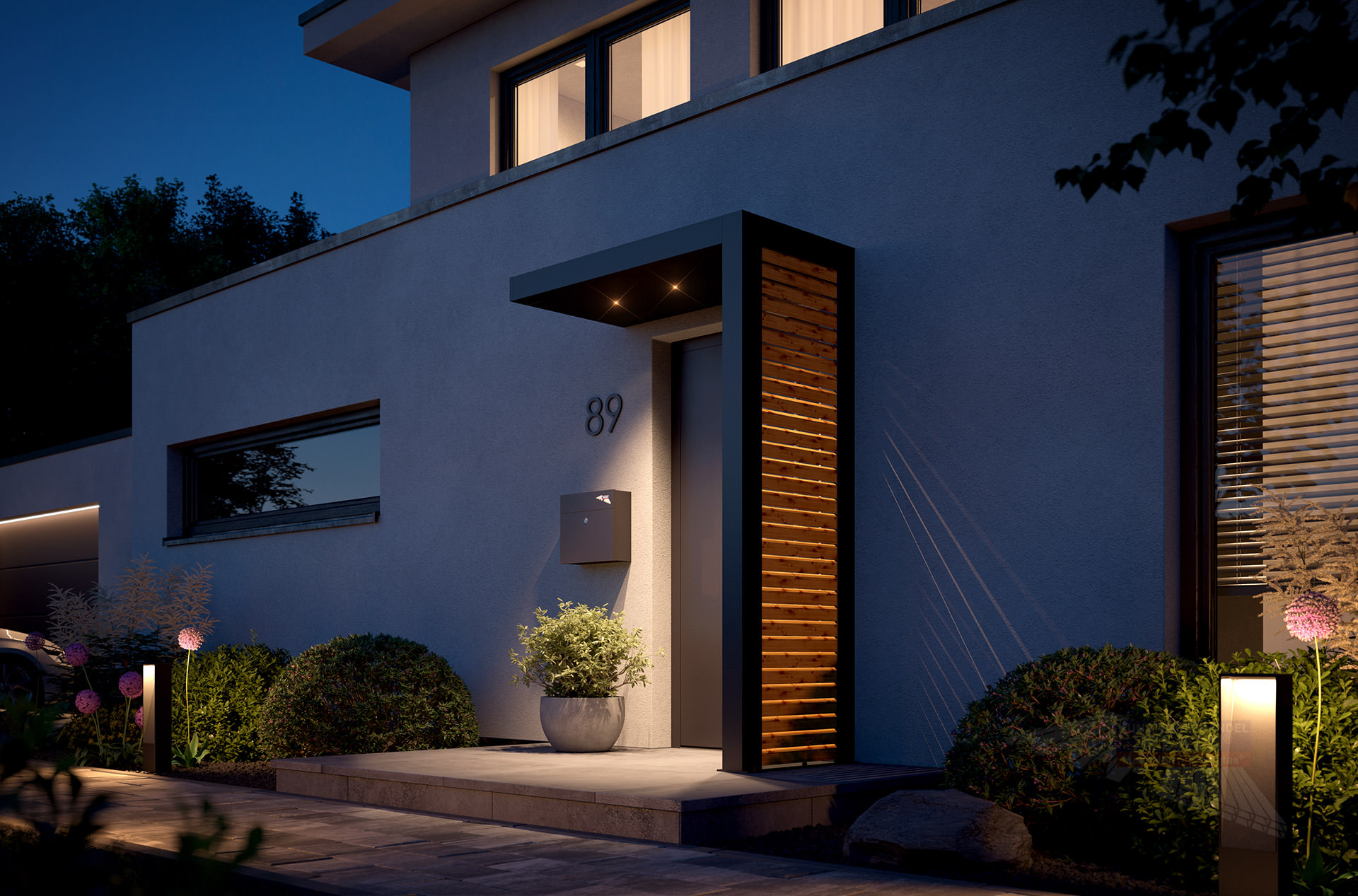 REXOlife® Haustür-Vordach, Dach: Aluminium, Anthrazit – Seitenteil: Rhombus, Fichte