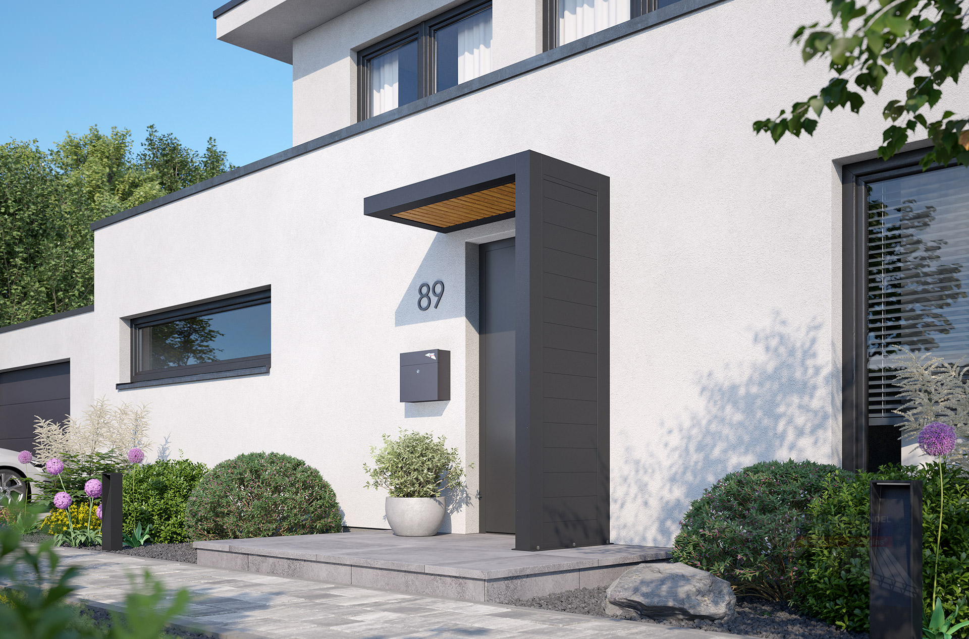 REXOlife® Haustür-Vordach, Dach: Rhombus, Golden Oak – Seitenteil: Alu Trennwand, Anthrazit