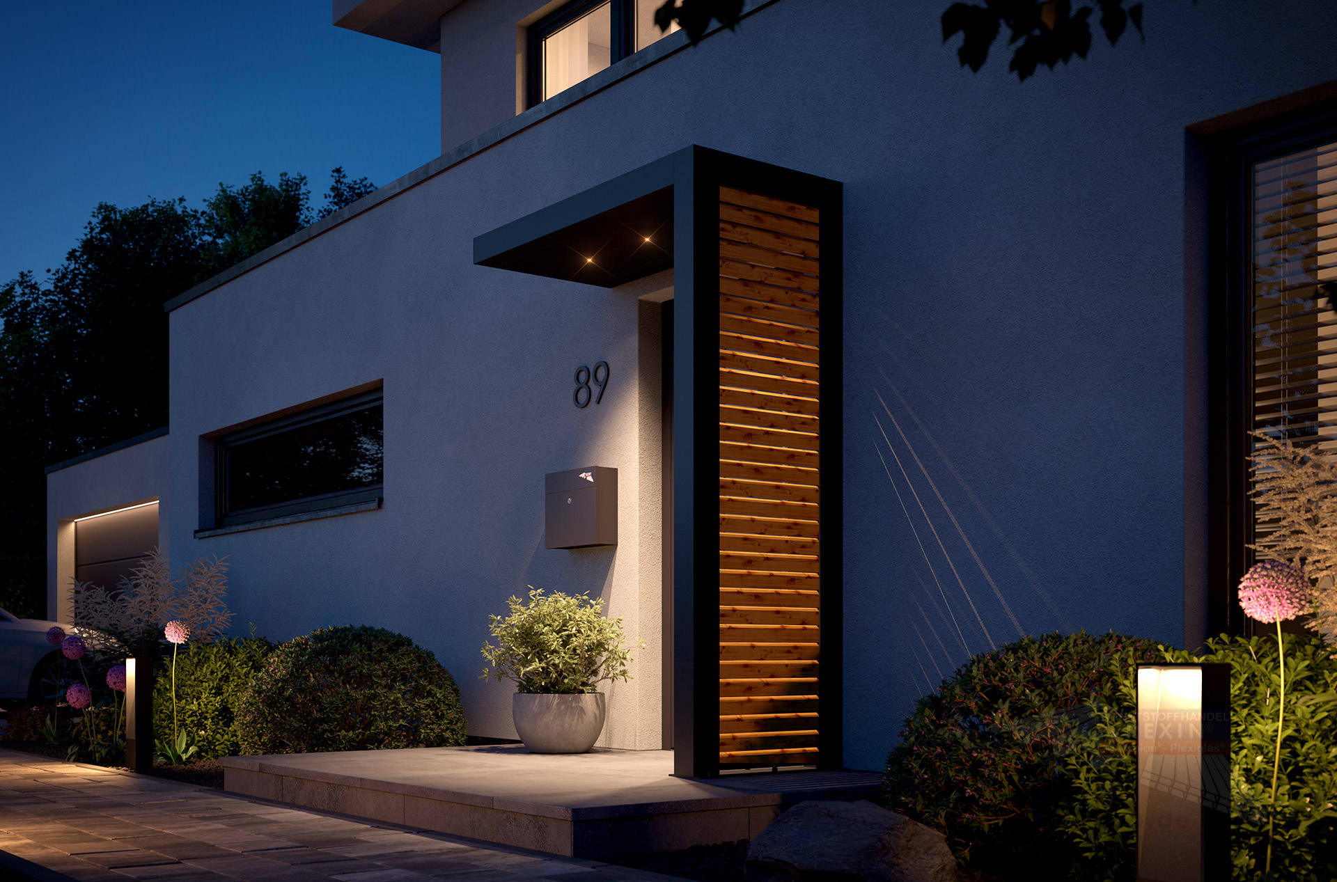 REXOlife® Haustür-Vordach, Dach: Aluminium, Anthrazit – Seitenteil: Rhombus, Fichte