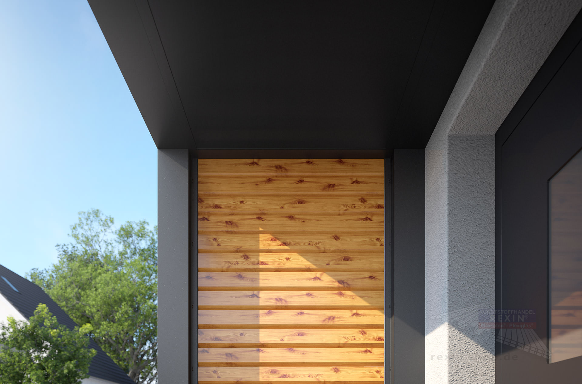 REXOlife® Haustür-Vordach, Dach: Aluminium, Anthrazit – Seitenteil: Rhombus, Fichte
