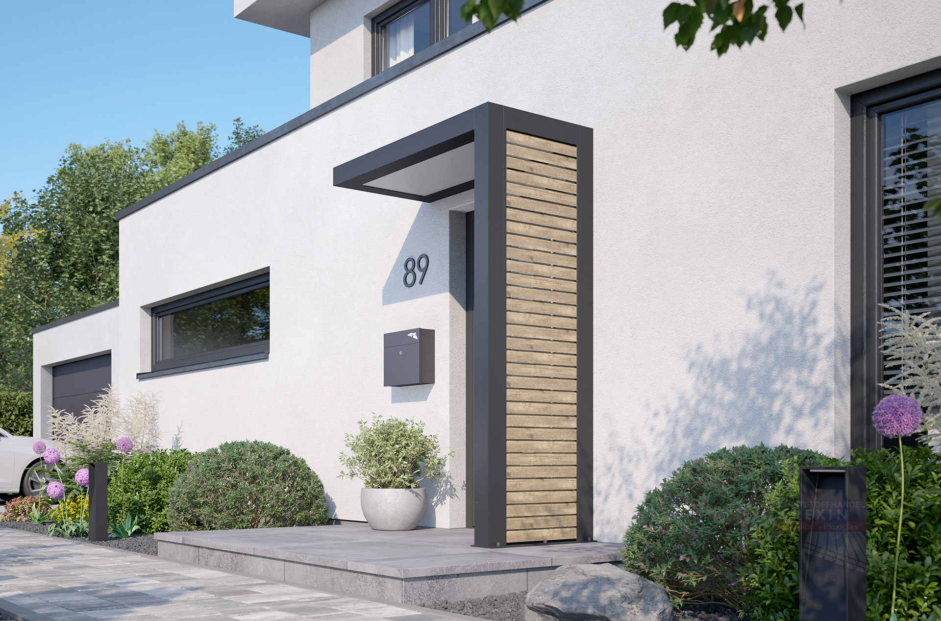 REXOlife® Haustür-Vordach, Dach: PLEXIGLAS® – Seitenteil: Rhombus, Treibholz