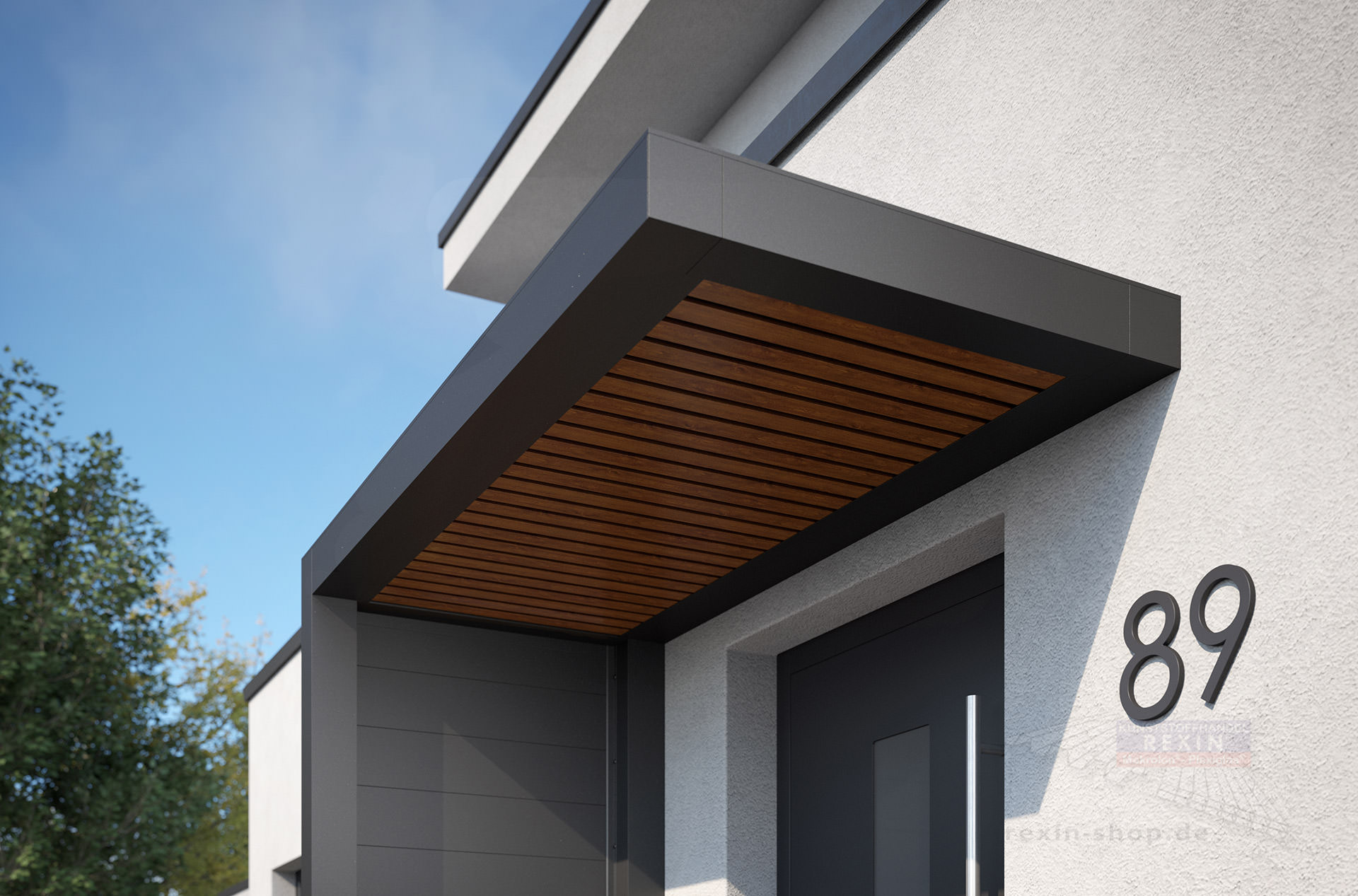 REXOlife® Haustür-Vordach, Dach: Rhombus, Golden Oak – Seitenteil: Alu Trennwand, Anthrazit