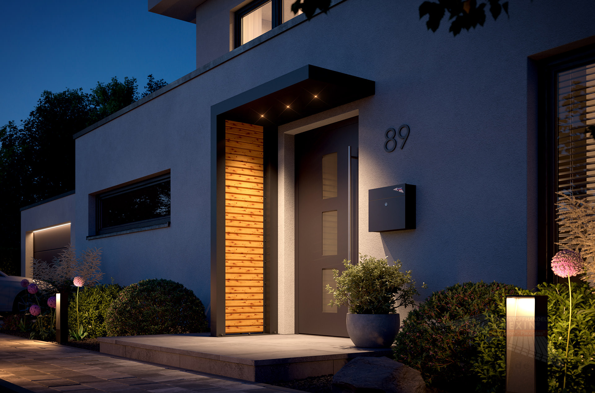 REXOlife® Haustür-Vordach, Dach: Aluminium, Anthrazit – Seitenteil: Rhombus, Fichte