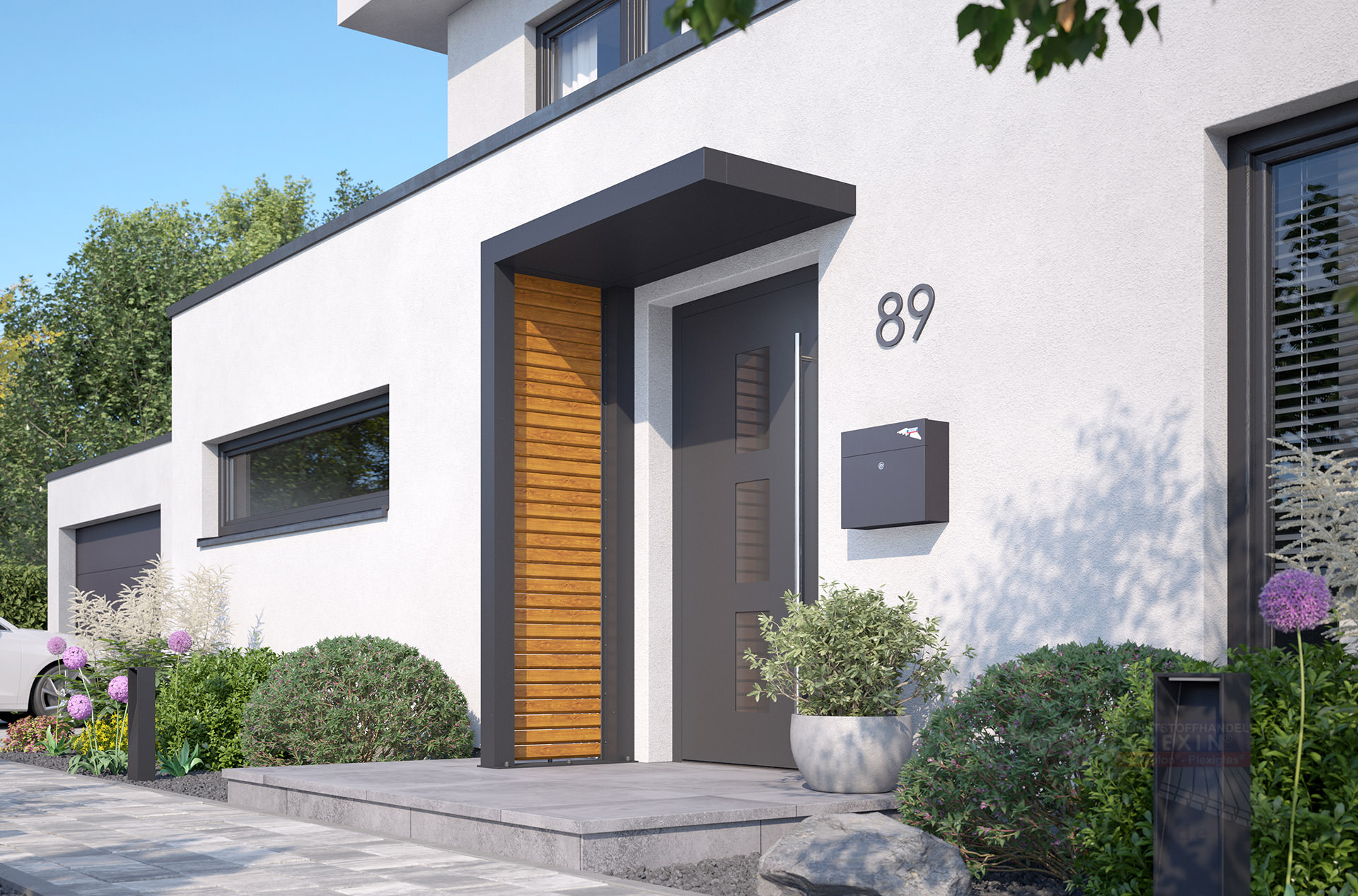 rexolife_1500x800_db703_rhombusprofile_goldenoak_aluplatte_db703_links_kamera_b_klein REXOlife® Haustür-Vordach, Dach: Aluminium, Anthrazit – Seitenteil: Rhombus, Golden Oak