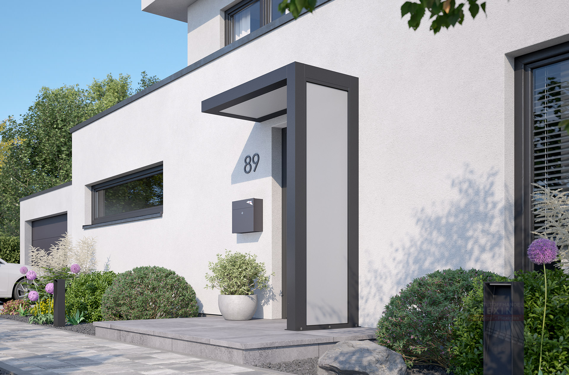 rexolife_1500x800_db703_plexi_satiniert_plexi_satiniert_rechts_kamera_b_klein REXOlife® Haustür-Vordach, Dach: PLEXIGLAS®, opal – Seitenteil: PLEXIGLAS®, opal