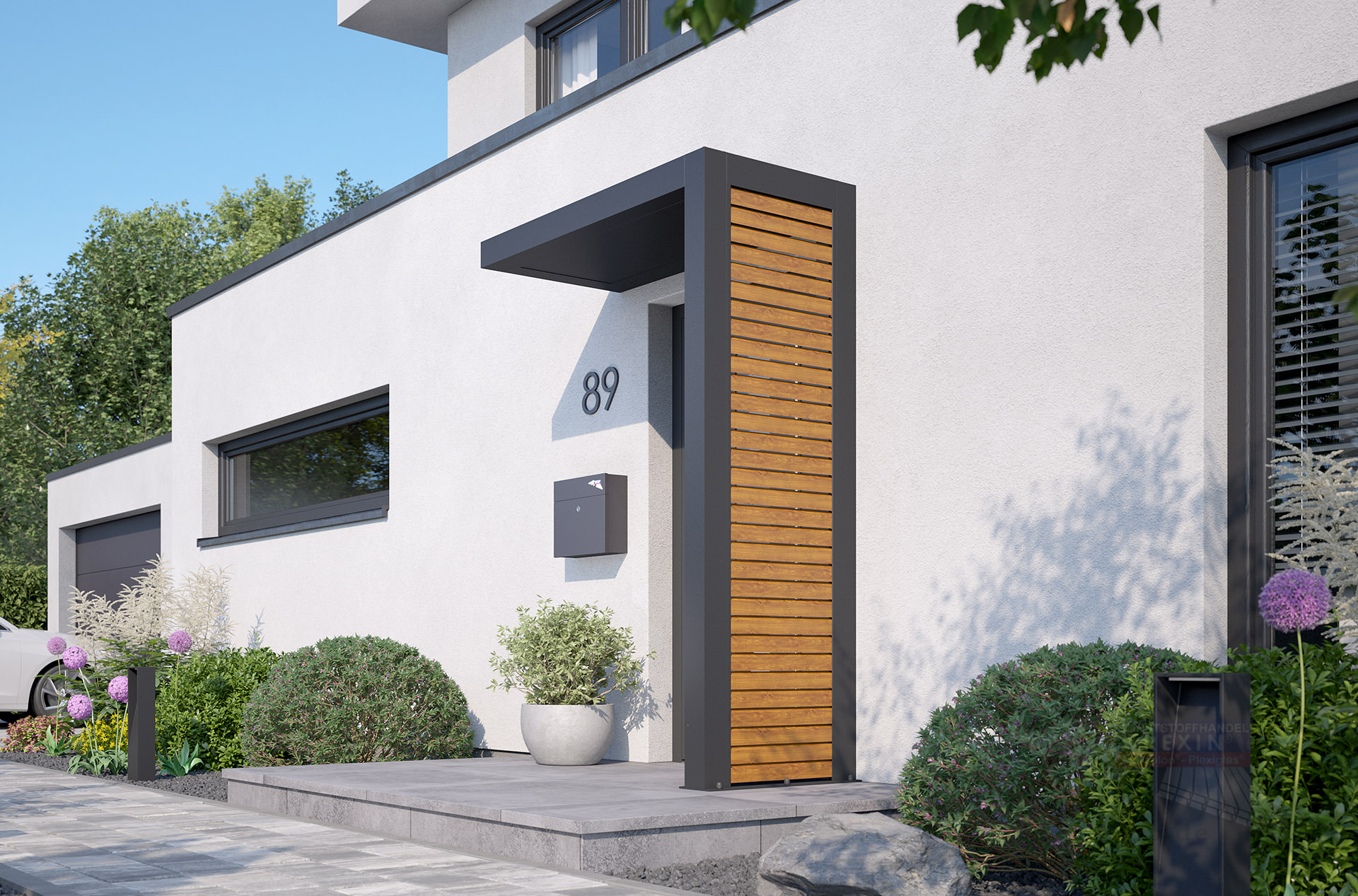 rexolife_1500x800_db703_rhombusprofile_goldenoak_aluplatte_db703_rechts_kamera_b_klein REXOlife® Haustür-Vordach, Dach: Aluminium, Anthrazit – Seitenteil: Rhombus, Golden Oak