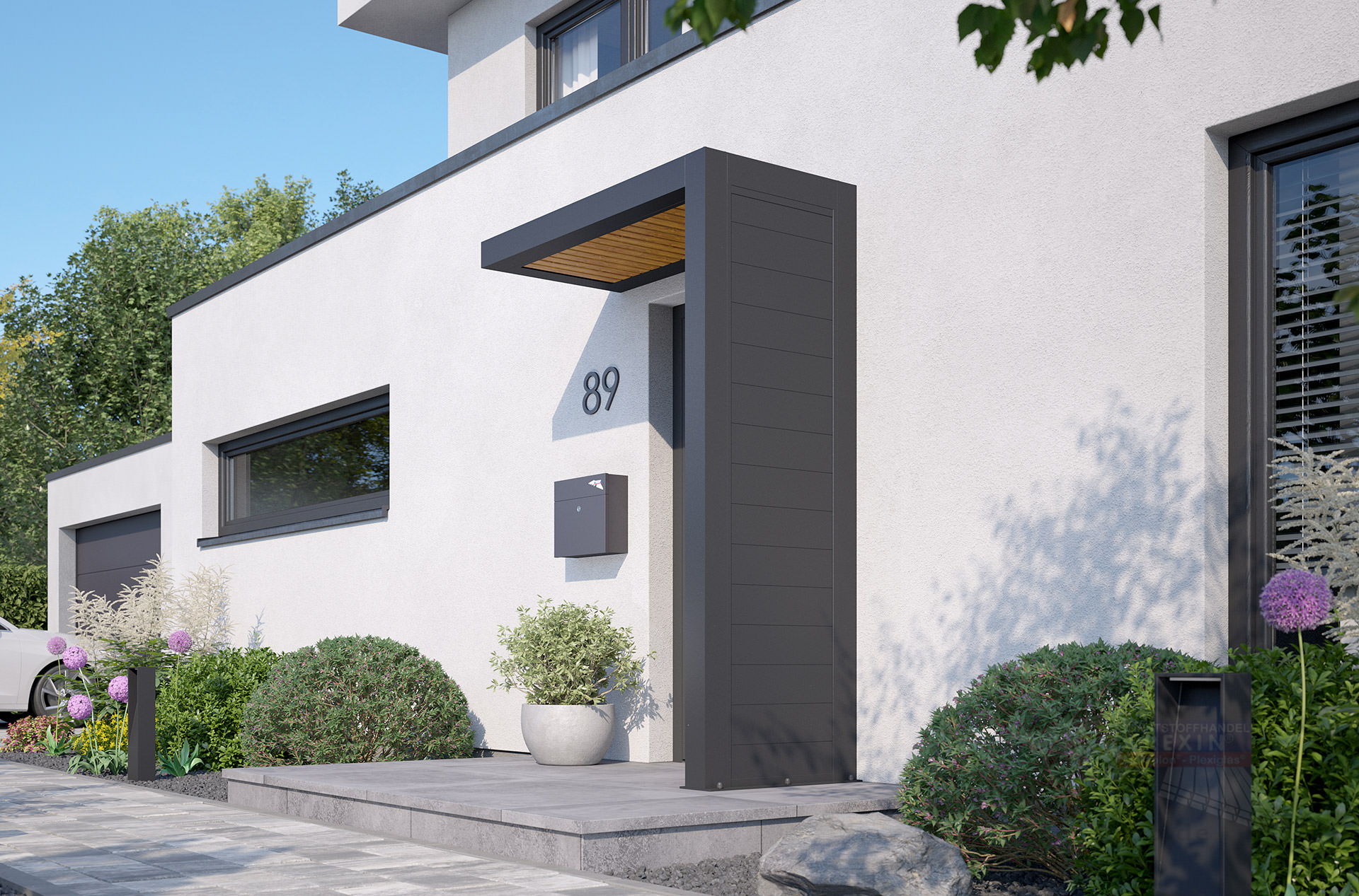 REXOlife® Haustür-Vordach, Dach: Rhombus, Golden Oak – Seitenteil: Alu Trennwand, Anthrazit