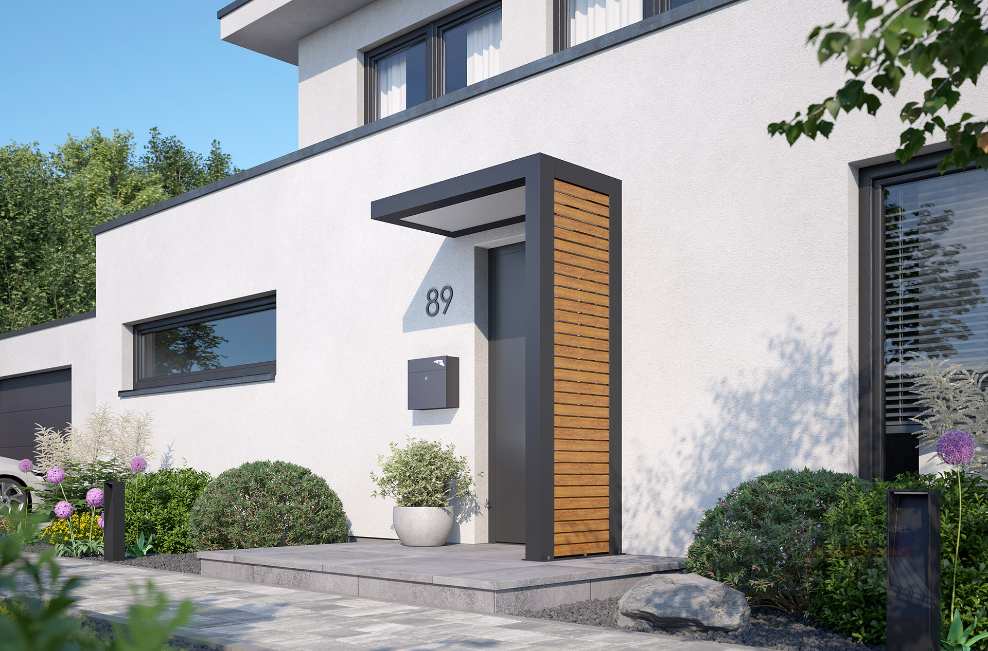 rexolife_1500x800_db703_rhombusprofile_goldenoak_plexi_satiniert_rechts_kamera_a_klein REXOlife® Haustür-Vordach, Dach: PLEXIGLAS® – Seitenteil: Rhombus, Golden Oak