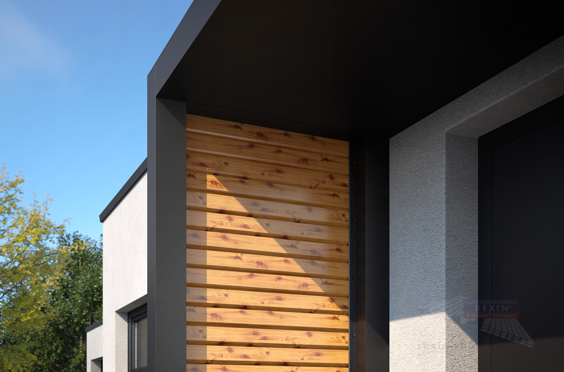REXOlife® Haustür-Vordach, Dach: Aluminium, Anthrazit – Seitenteil: Rhombus, Fichte