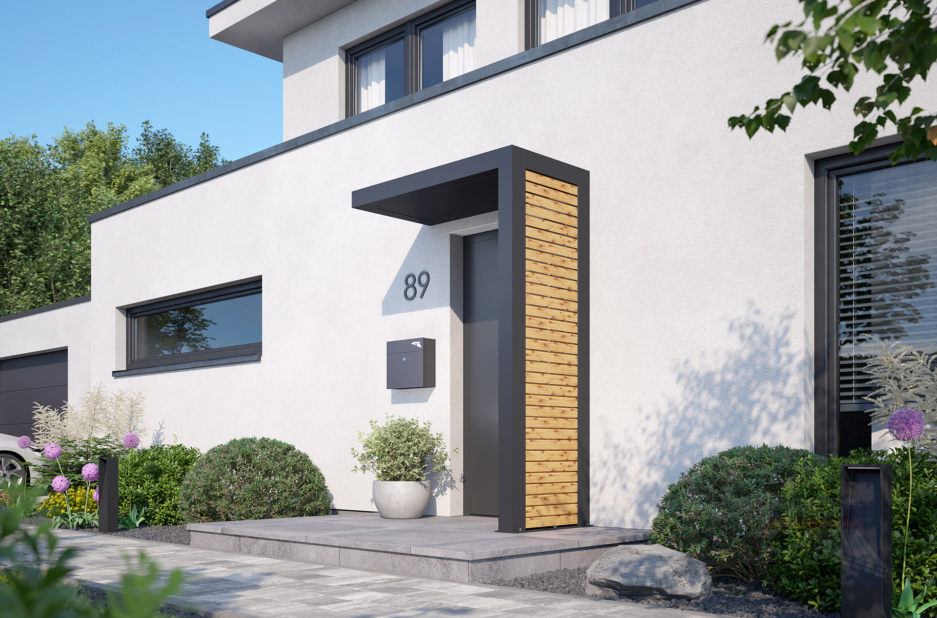 REXOlife® Haustür-Vordach, Dach: Aluminium, Anthrazit – Seitenteil: Rhombus, Fichte