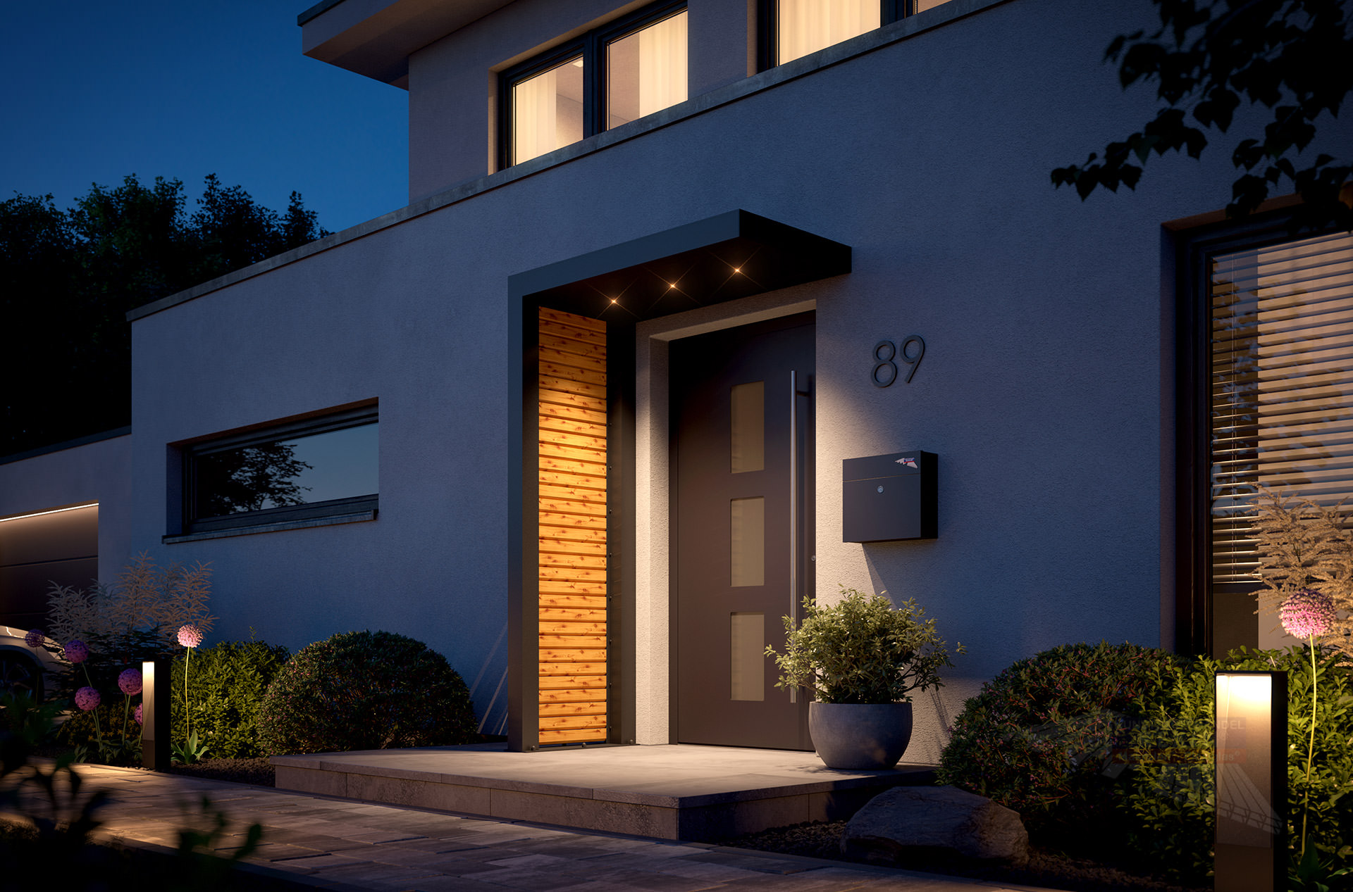 REXOlife® Haustür-Vordach, Dach: Aluminium, Anthrazit – Seitenteil: Rhombus, Fichte