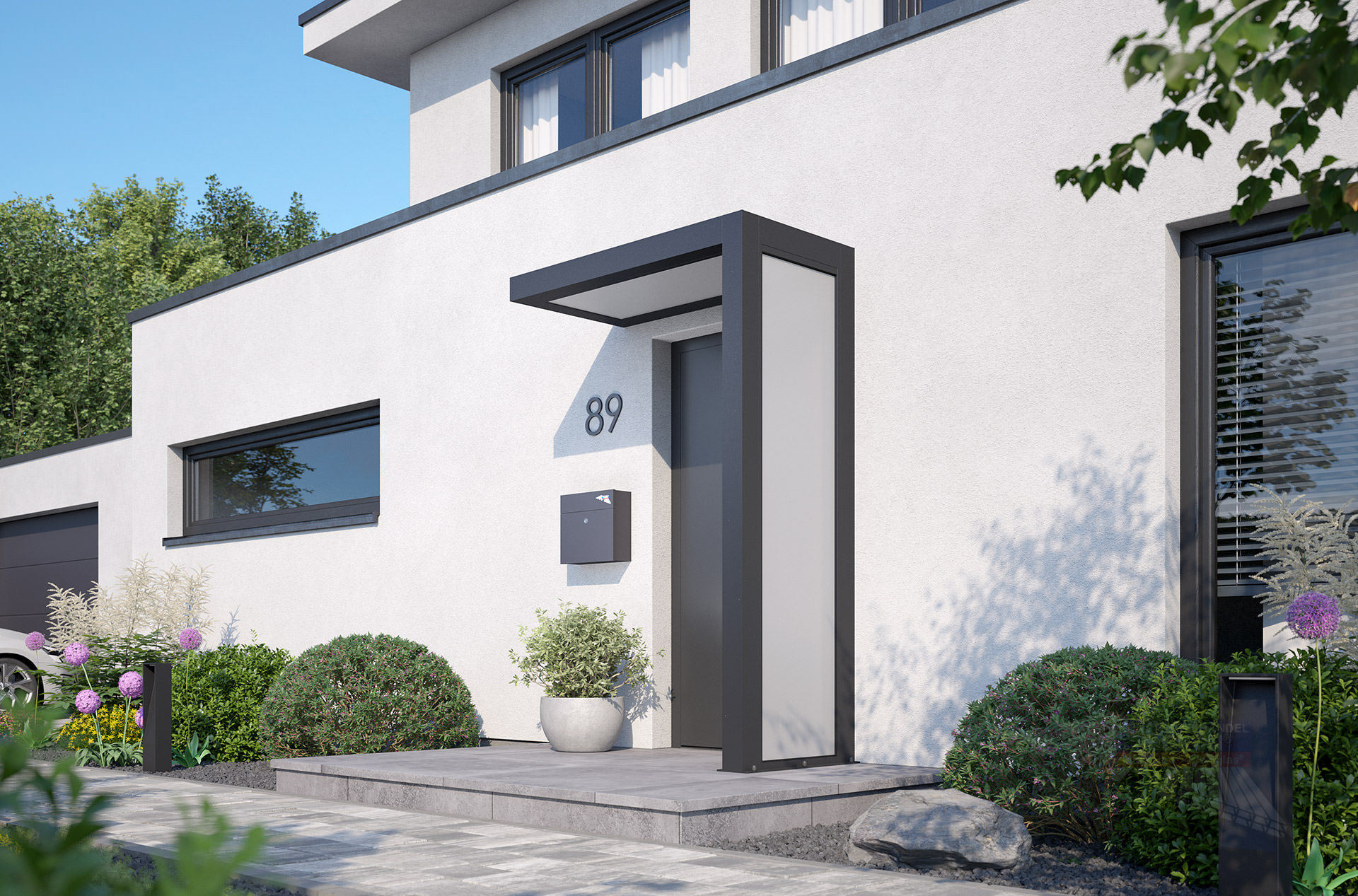 rexolife_1500x800_db703_plexi_satiniert_plexi_satiniert_rechts_kamera_a_klein REXOlife® Haustür-Vordach, Dach: PLEXIGLAS®, opal – Seitenteil: PLEXIGLAS®, opal