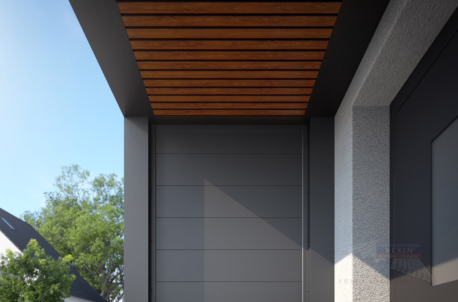 REXOlife® Haustür-Vordach, Dach: Rhombus, Golden Oak – Seitenteil: Alu Trennwand, Anthrazit