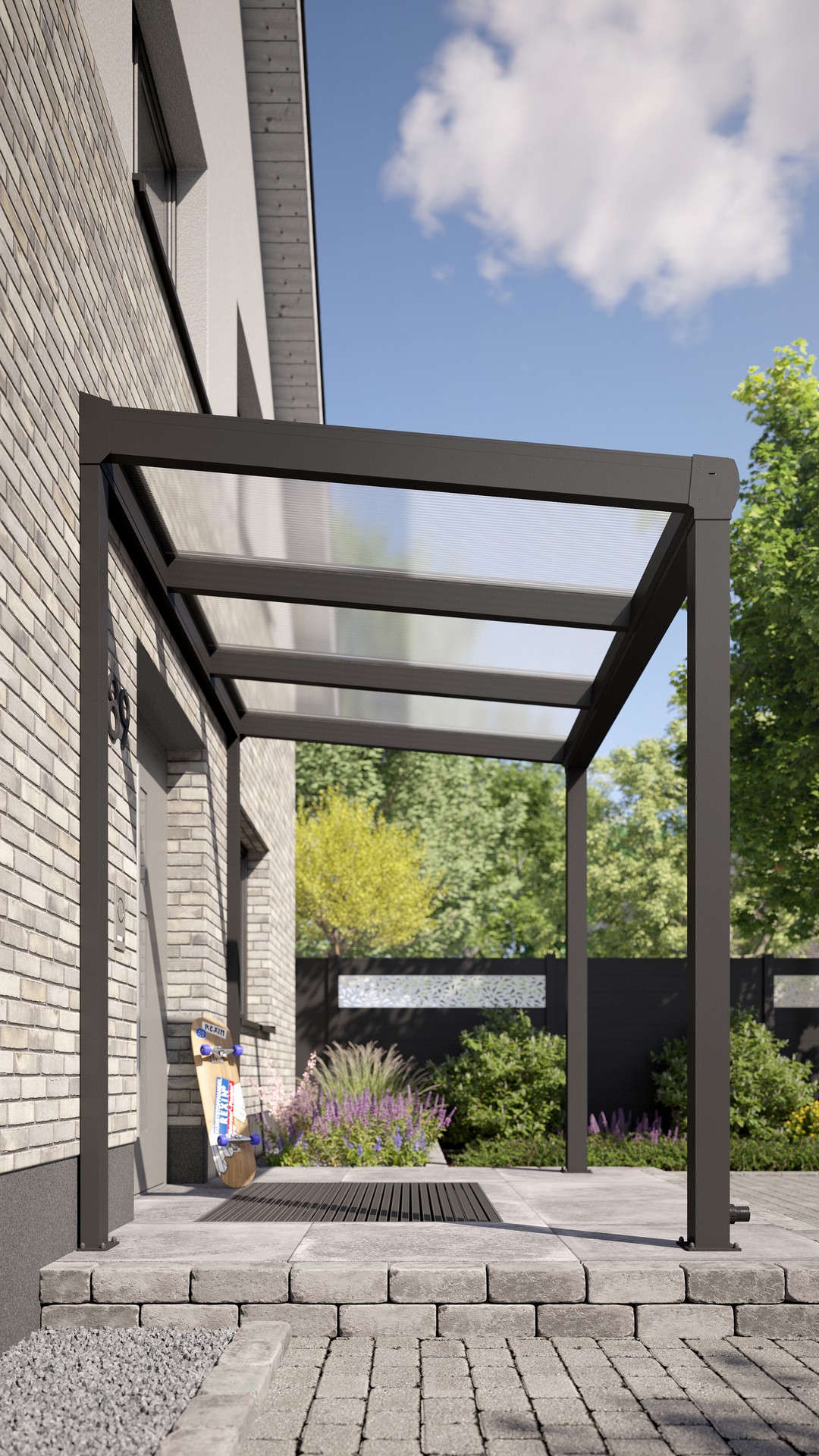 REXOvita® Alu Haustür-Vordach mit Wandpfosten,  3m x 2,5m