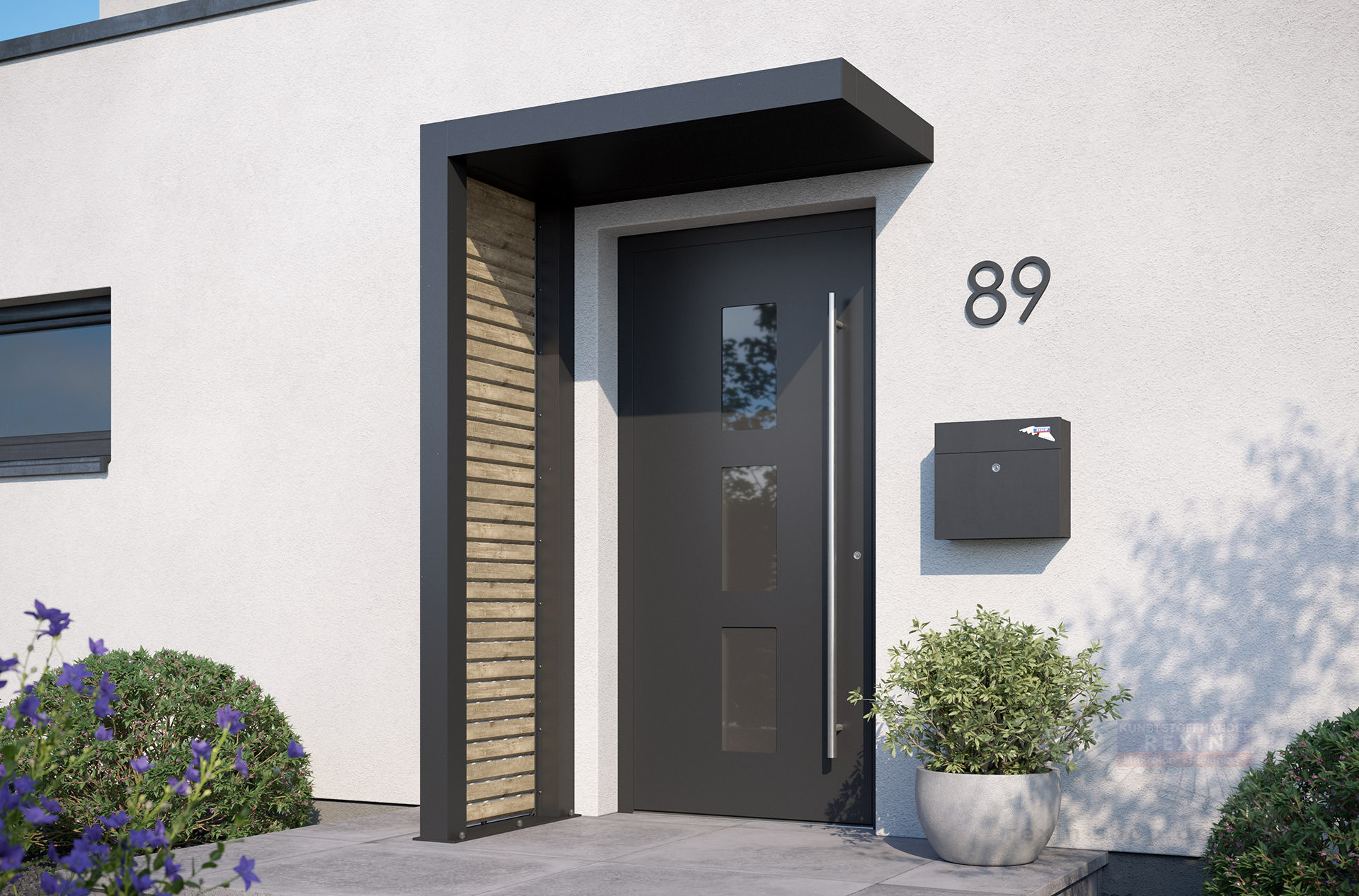 rexolife_1500x800_db703_rhombusprofile_treibholz_aluplatte_db703_links_kategoriebild REXOlife® Haustür-Vordach, Dach: Aluminium, Anthrazit – Seitenteil: Rhombus, Treibholz