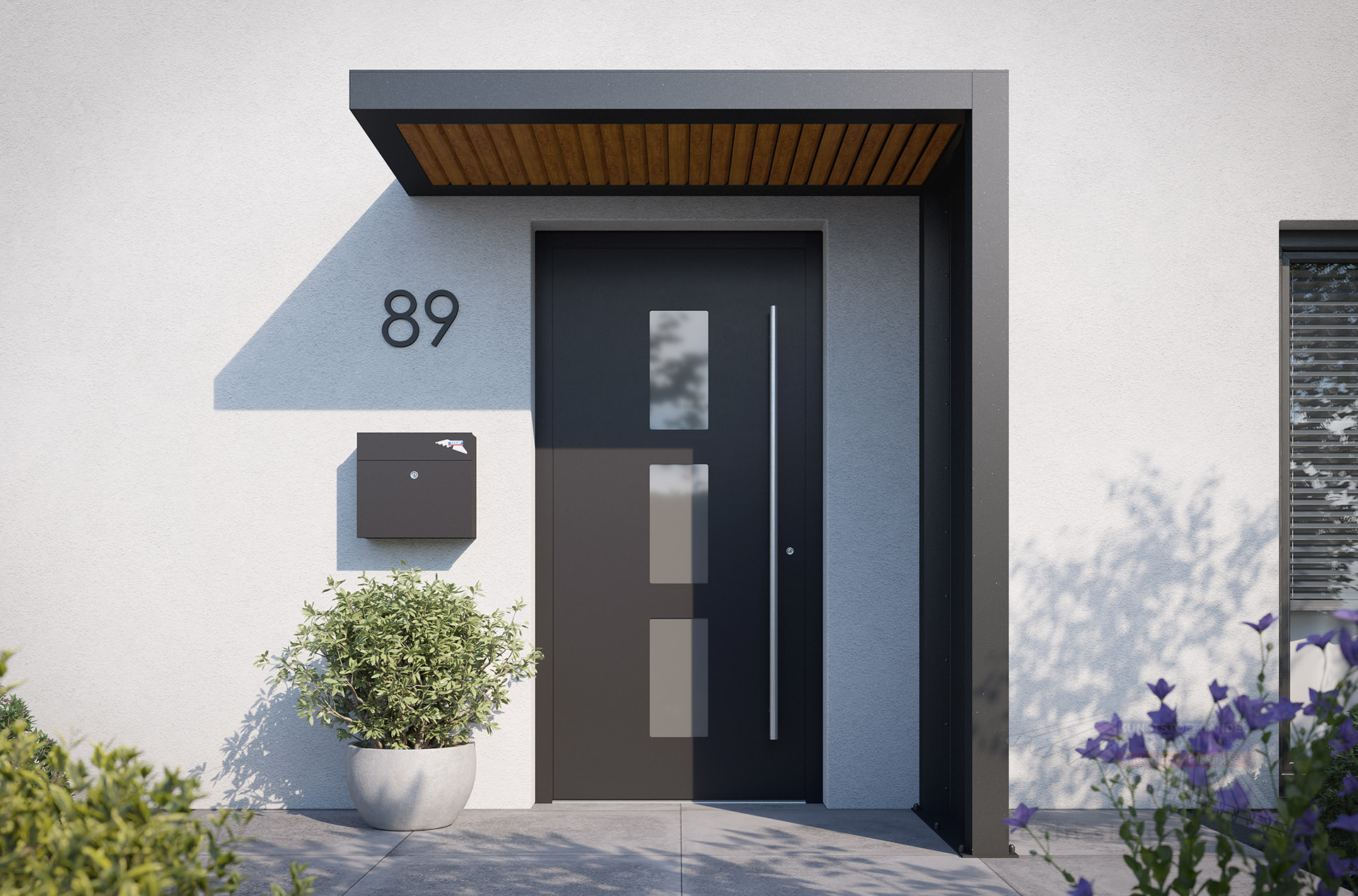 REXOlife® Haustür-Vordach, Dach: Rhombus, Golden Oak – Seitenteil: Alu Trennwand, Anthrazit