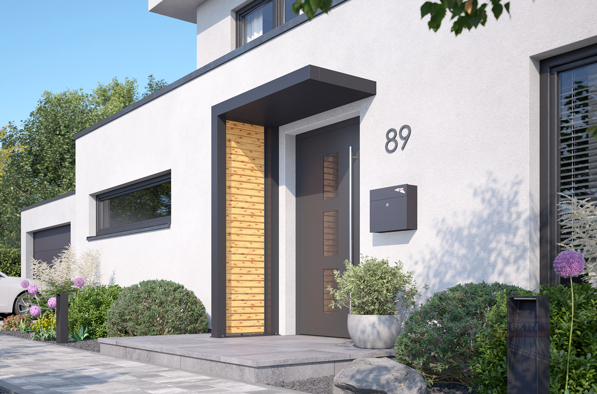 REXOlife® Haustür-Vordach, Dach: Aluminium, Anthrazit – Seitenteil: Rhombus, Fichte