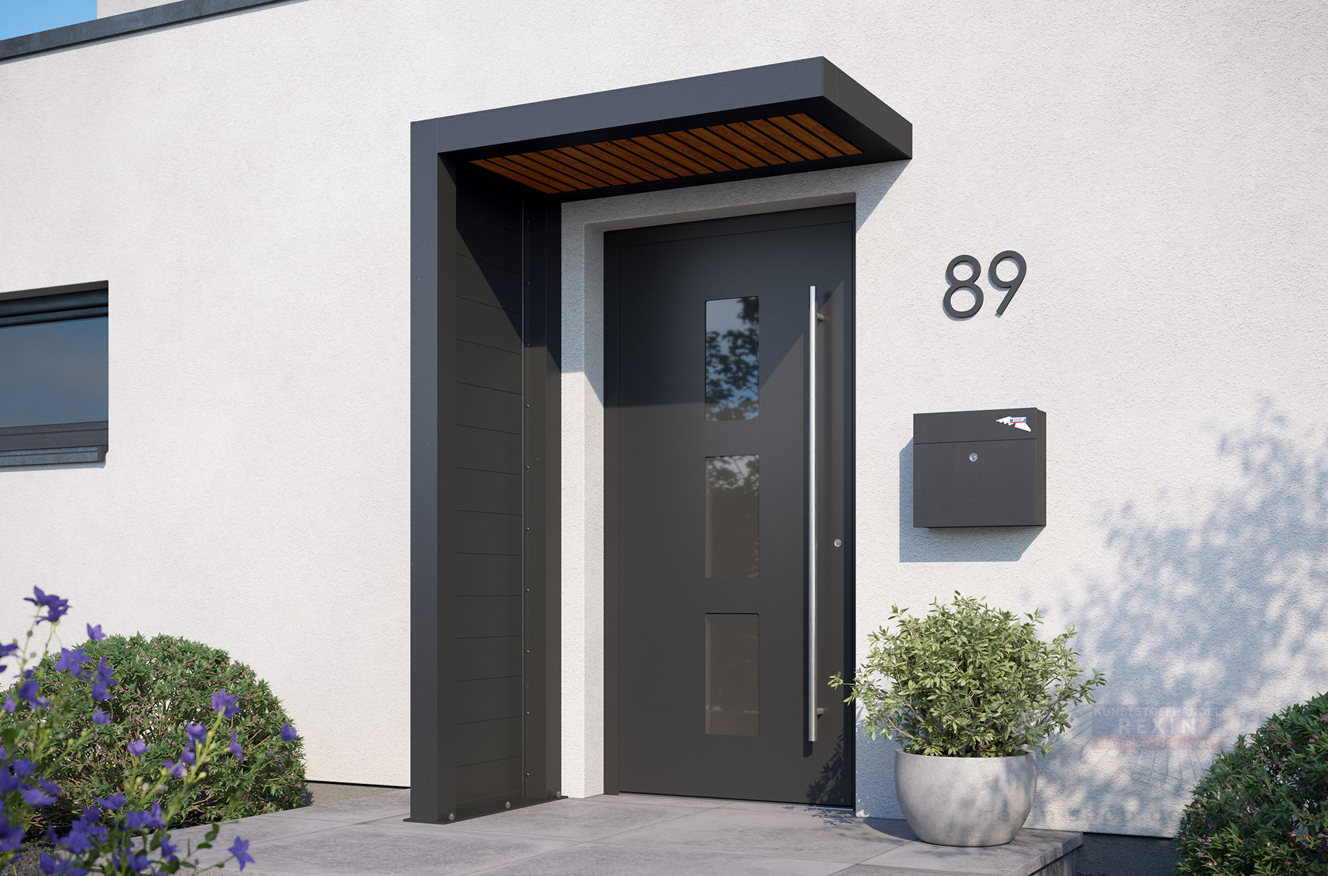 REXOlife® Haustür-Vordach, Dach: Rhombus, Golden Oak – Seitenteil: Alu Trennwand, Anthrazit