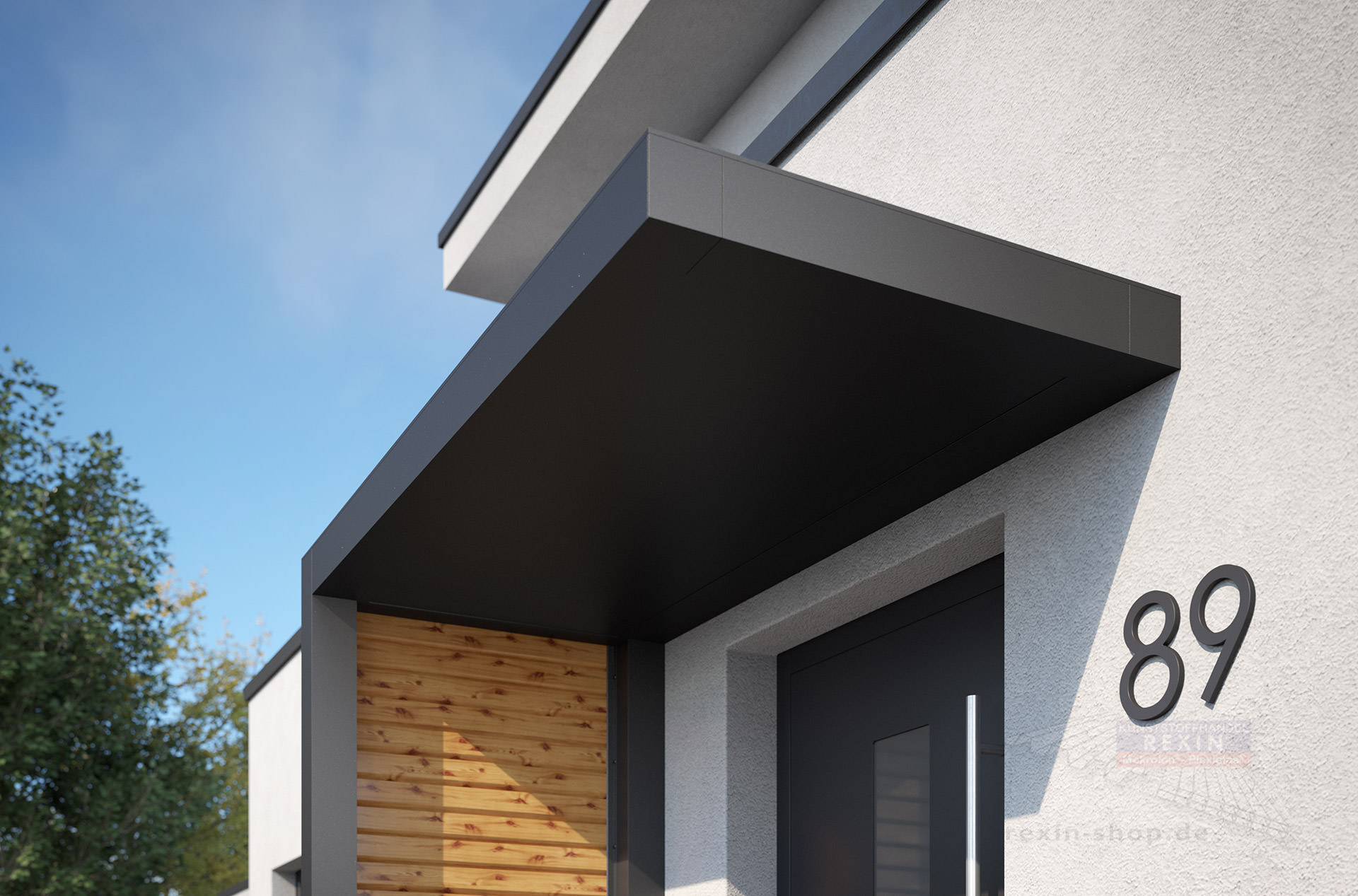 REXOlife® Haustür-Vordach, Dach: Aluminium, Anthrazit – Seitenteil: Rhombus, Fichte