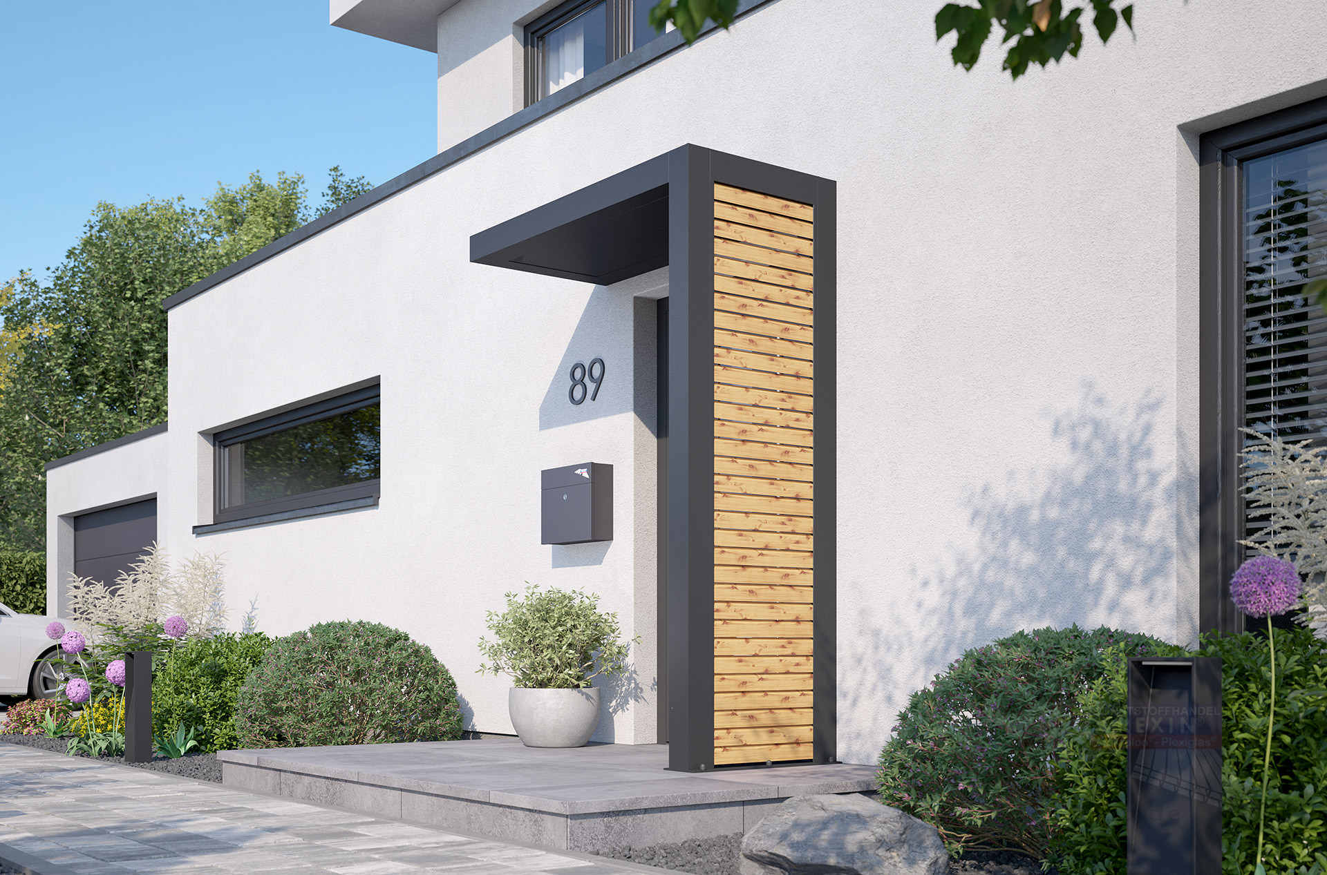 REXOlife® Haustür-Vordach, Dach: Aluminium, Anthrazit – Seitenteil: Rhombus, Fichte