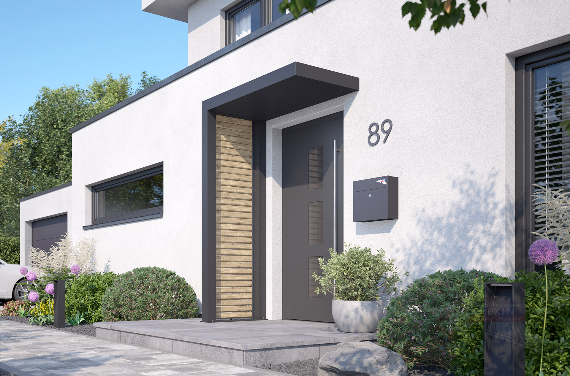 rexolife_1500x800_db703_rhombusprofile_treibholz_aluplatte_db703_links_kamera_b_klein REXOlife® Haustür-Vordach, Dach: Aluminium, Anthrazit – Seitenteil: Rhombus, Treibholz