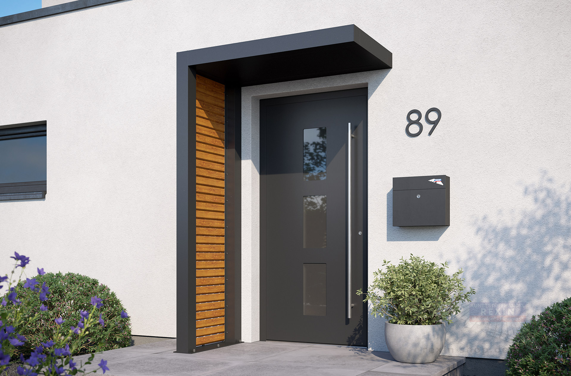 rexolife_1500x800_db703_rhombusprofile_goldenoak_aluplatte_db703_links_kategoriebild REXOlife® Haustür-Vordach, Dach: Aluminium, Anthrazit – Seitenteil: Rhombus, Golden Oak