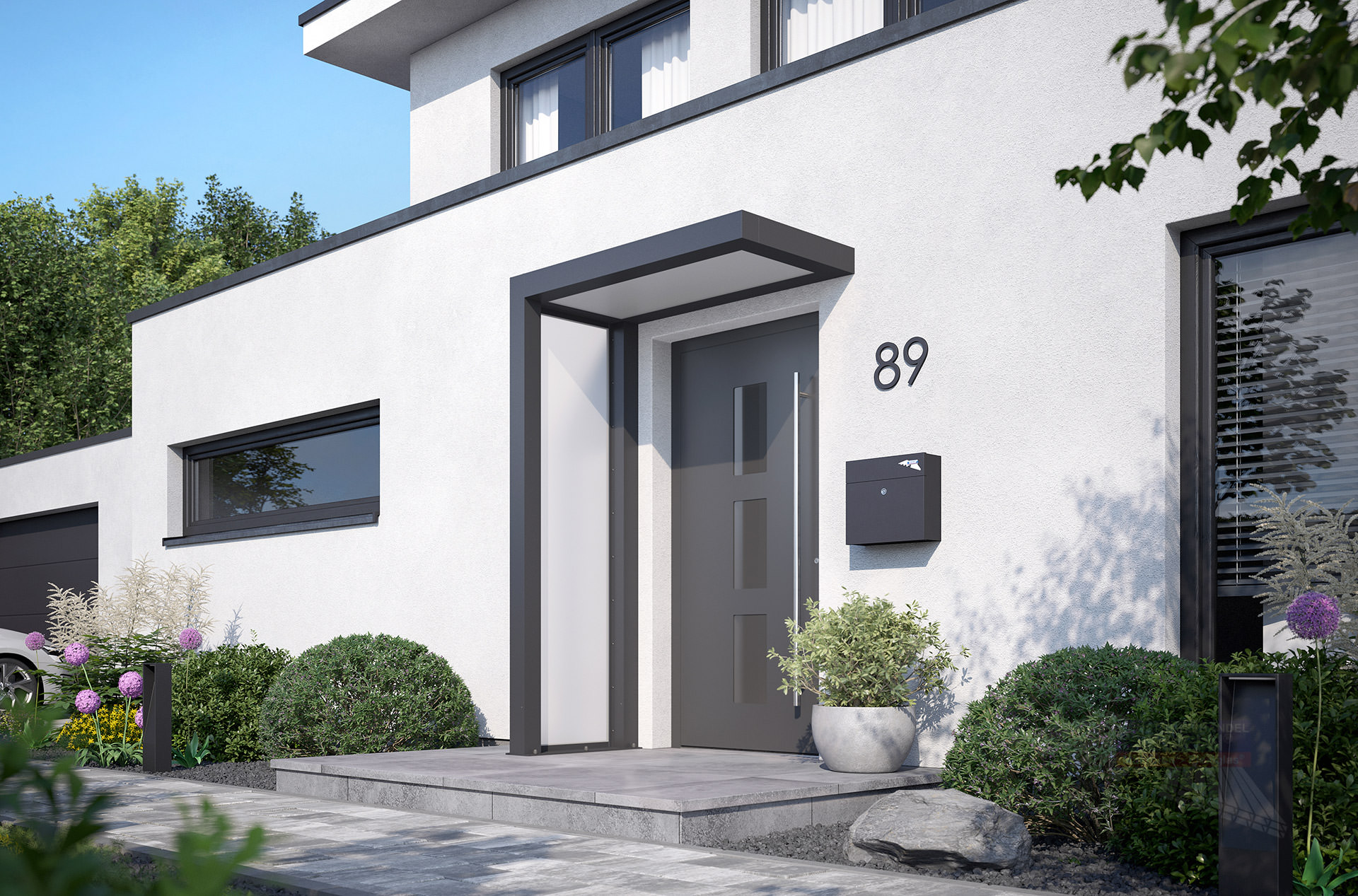 rexolife_1500x800_db703_plexi_satiniert_plexi_satiniert_links_kamera_a_klein REXOlife® Haustür-Vordach, Dach: PLEXIGLAS®, opal – Seitenteil: PLEXIGLAS®, opal