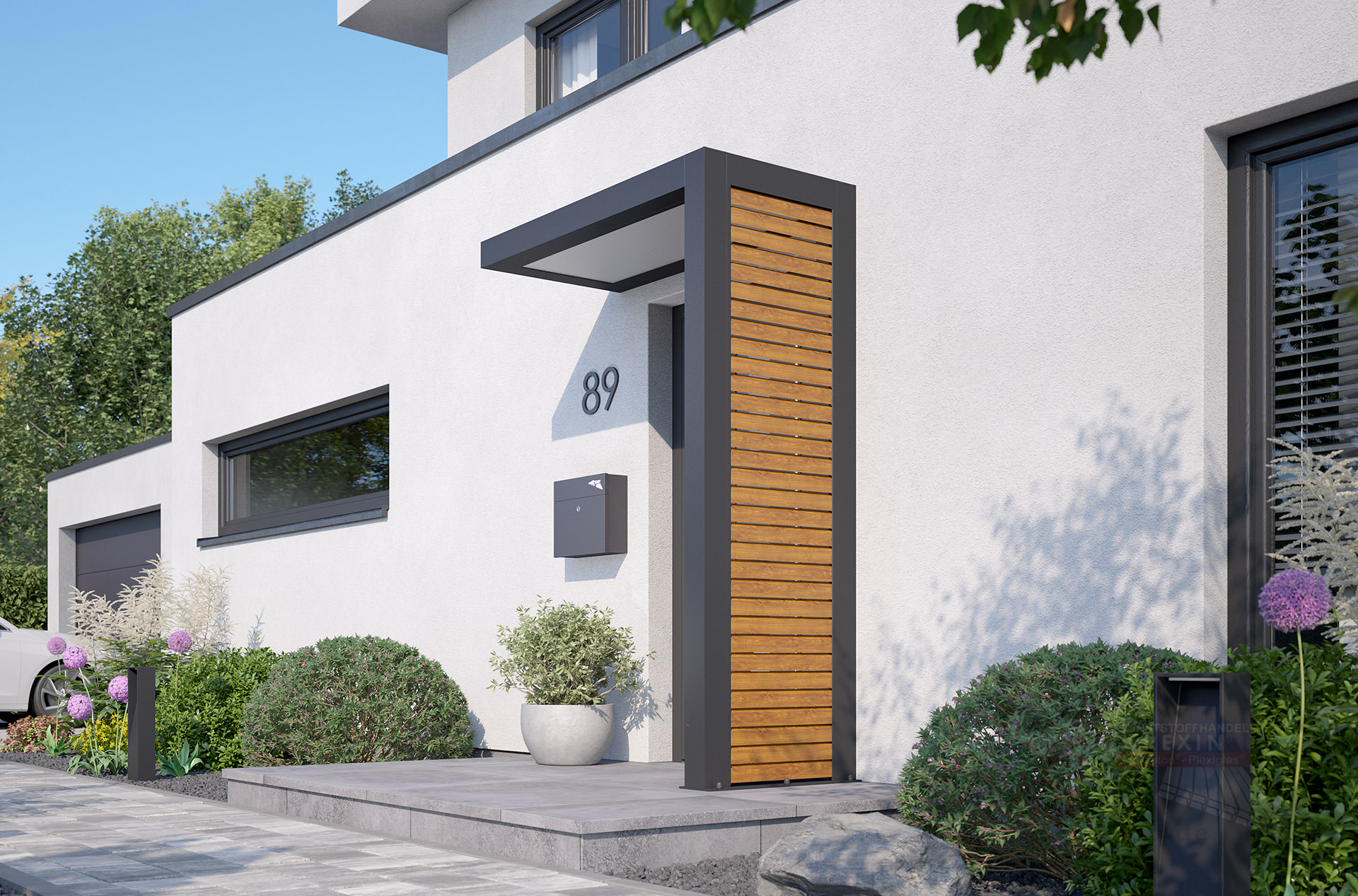 rexolife_1500x800_db703_rhombusprofile_goldenoak_plexi_satiniert_rechts_kamera_b_klein REXOlife® Haustür-Vordach, Dach: PLEXIGLAS® – Seitenteil: Rhombus, Golden Oak