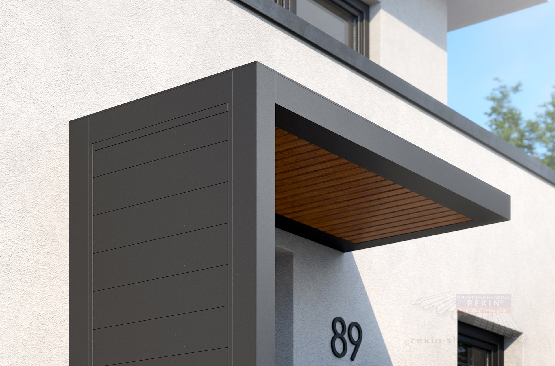 REXOlife® Haustür-Vordach, Dach: Rhombus, Golden Oak – Seitenteil: Alu Trennwand, Anthrazit