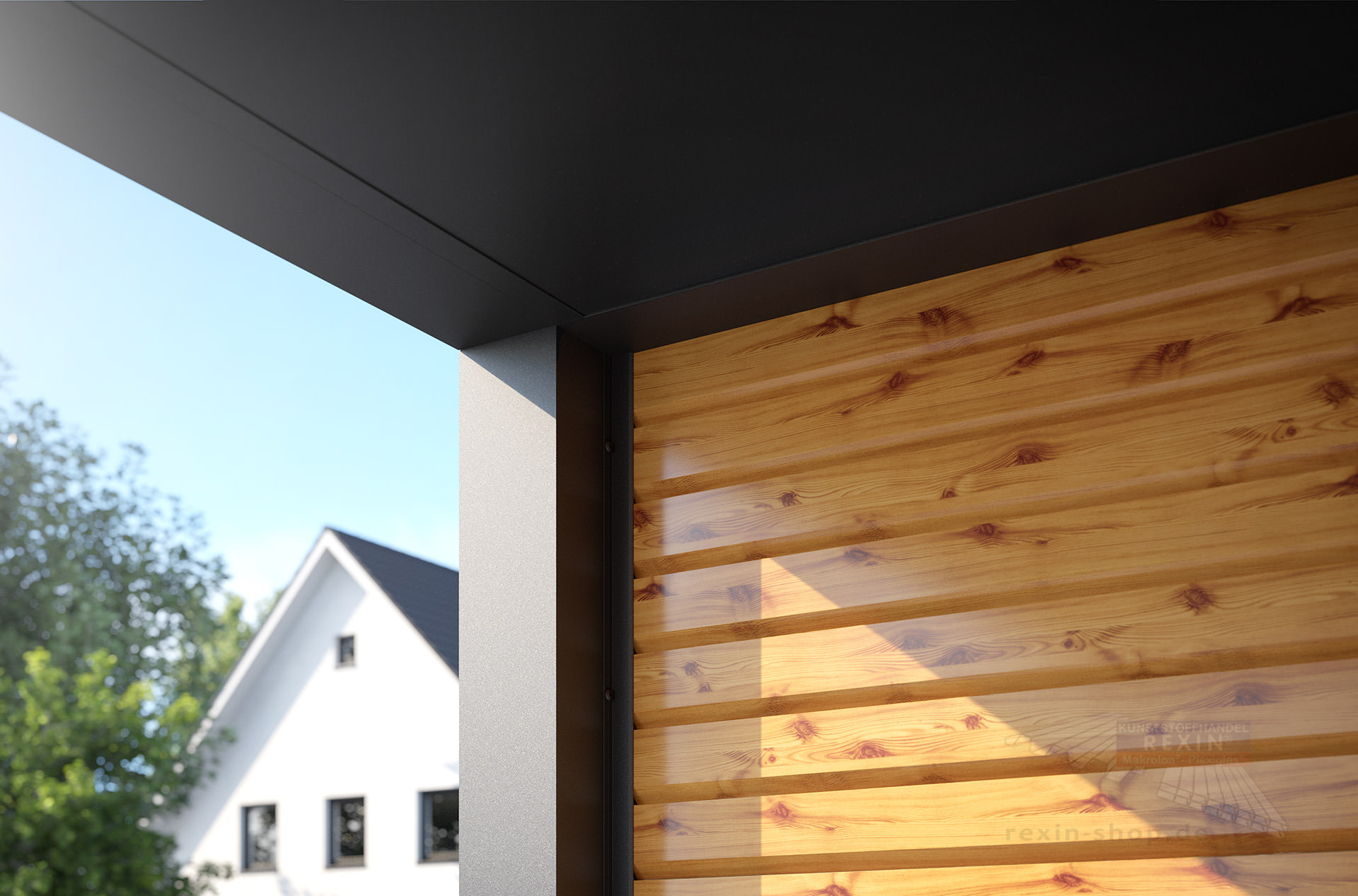 REXOlife® Haustür-Vordach, Dach: Aluminium, Anthrazit – Seitenteil: Rhombus, Fichte