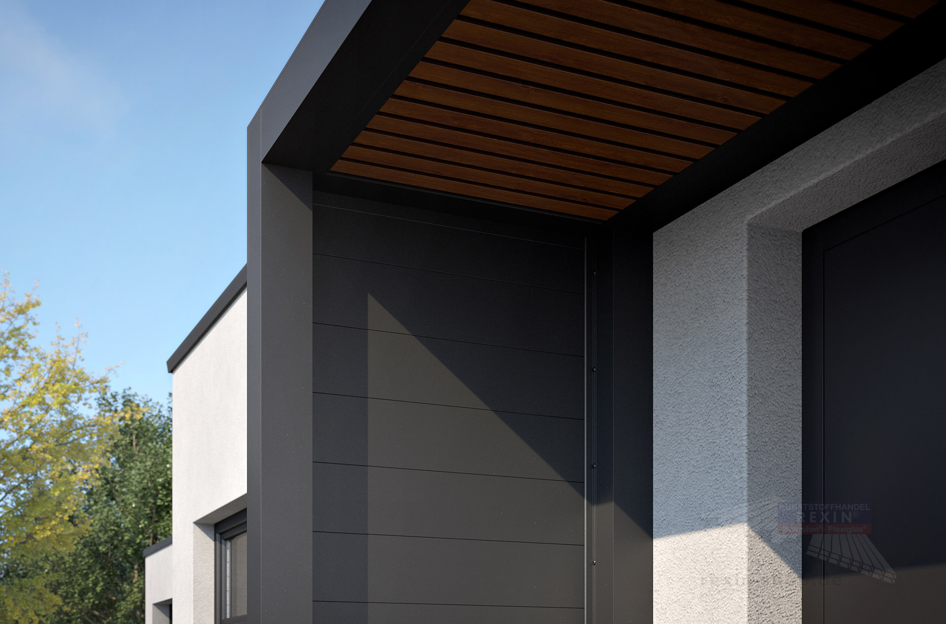 REXOlife® Haustür-Vordach, Dach: Rhombus, Golden Oak – Seitenteil: Alu Trennwand, Anthrazit