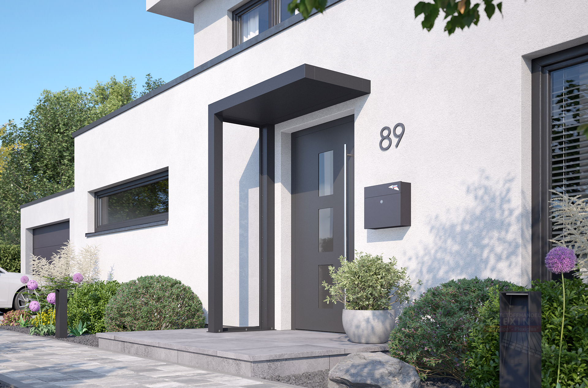 REXOlife® Haustür-Vordach, Dach: Aluminium, Anthrazit – Seitenteil: PLEXIGLAS®
