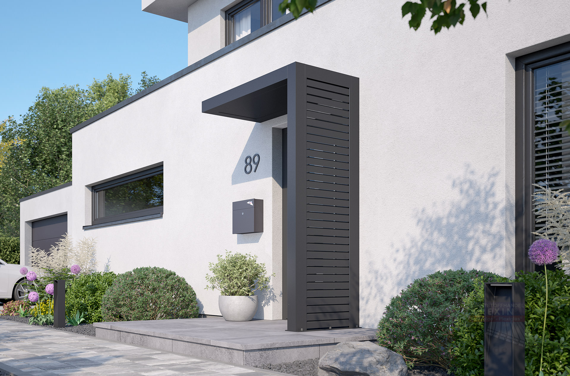rexolife_1500x800_db703_rhombusprofile_db703_aluplatte_db703_rechts_kamera_b_klein REXOlife® Haustür-Vordach, Dach: Aluminium, Anthrazit – Seitenteil: Rhombus, Anthrazit