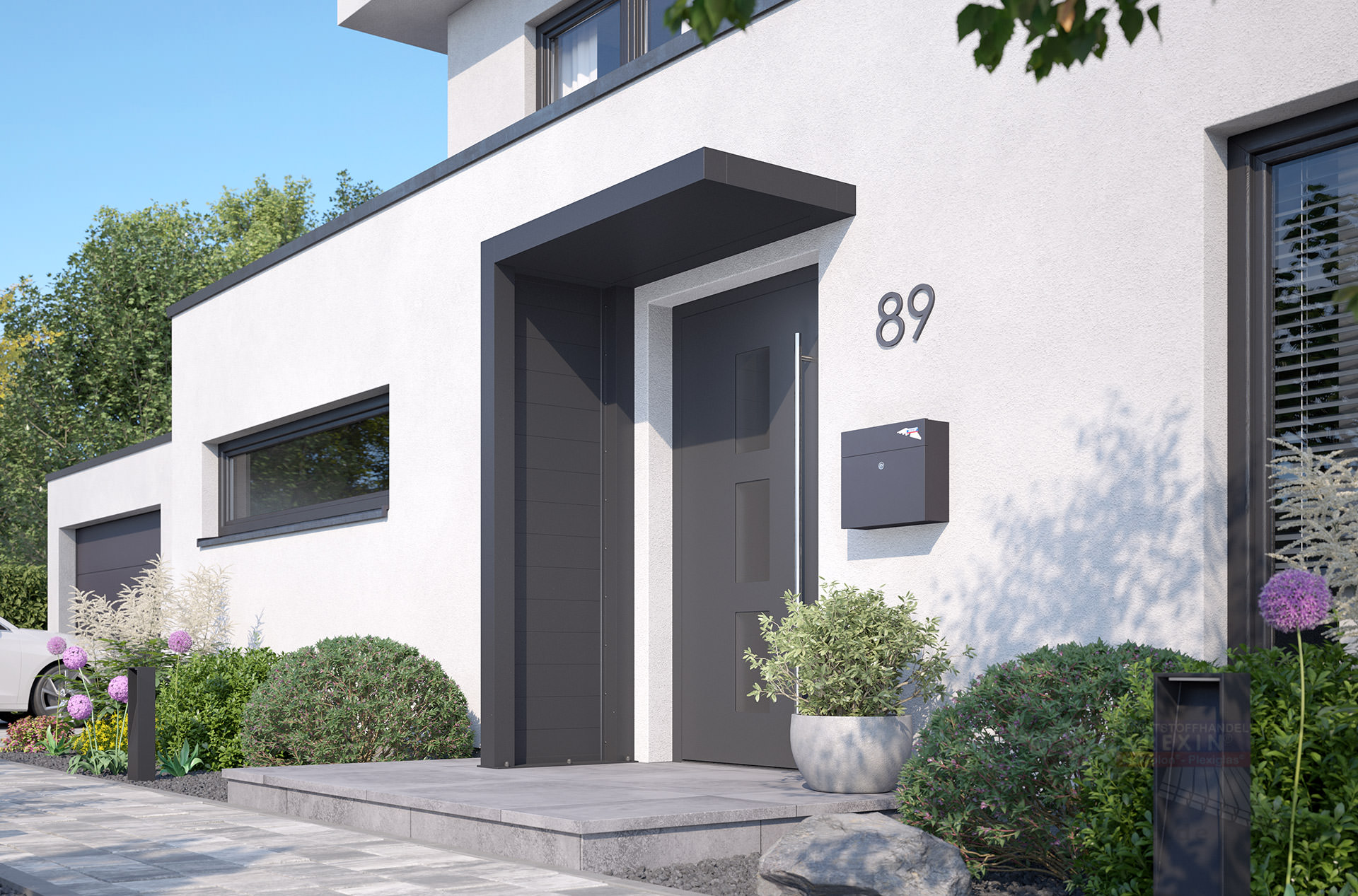 rexolife_1500x800_db703_trennwandprofile_db703_aluplatte_db703_links_kamera_b_klein REXOlife® Haustür-Vordach, Dach: Aluminium, Anthrazit – Seitenteil: Alu Trennwand, Anthrazit