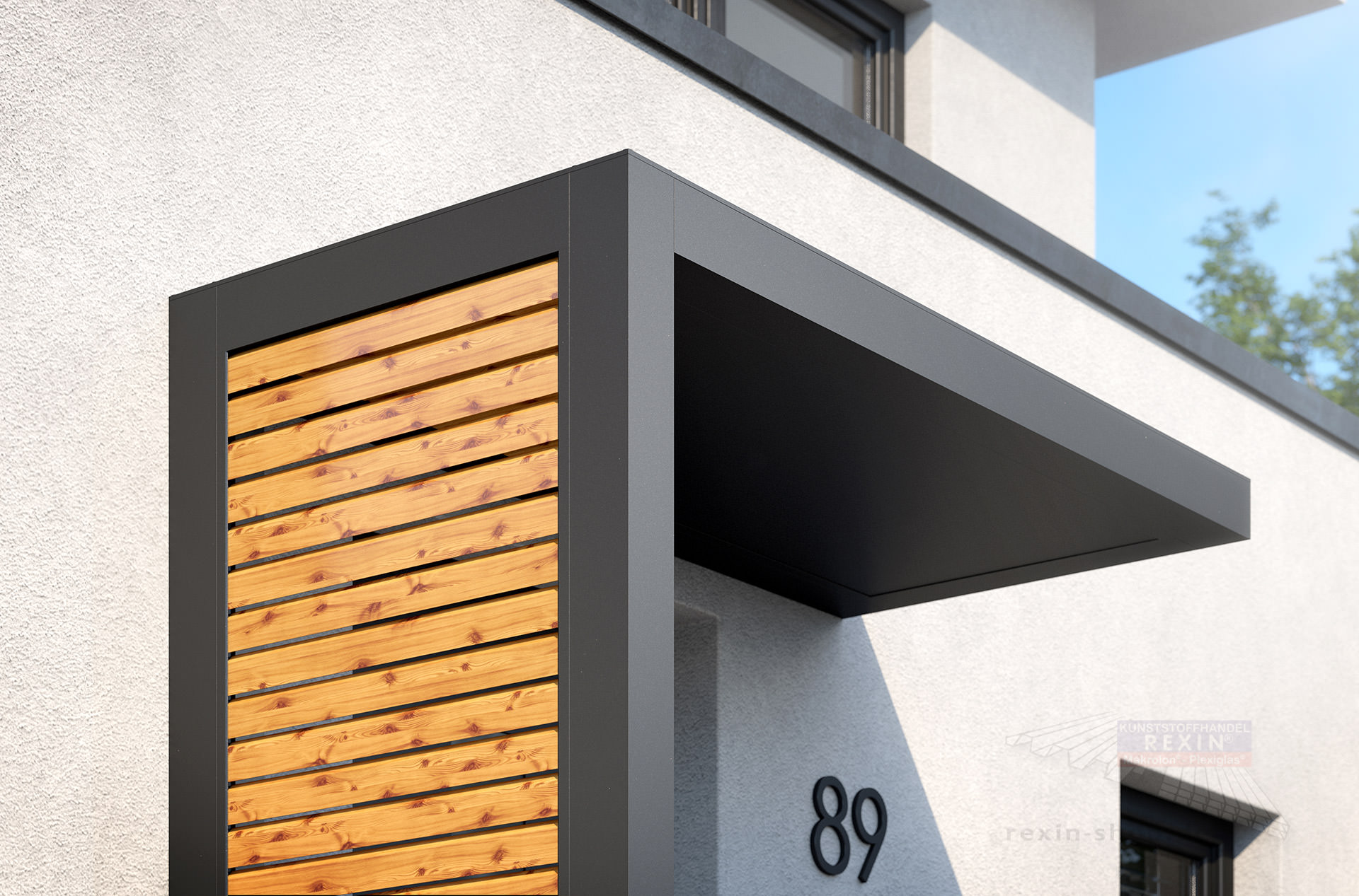REXOlife® Haustür-Vordach, Dach: Aluminium, Anthrazit – Seitenteil: Rhombus, Fichte