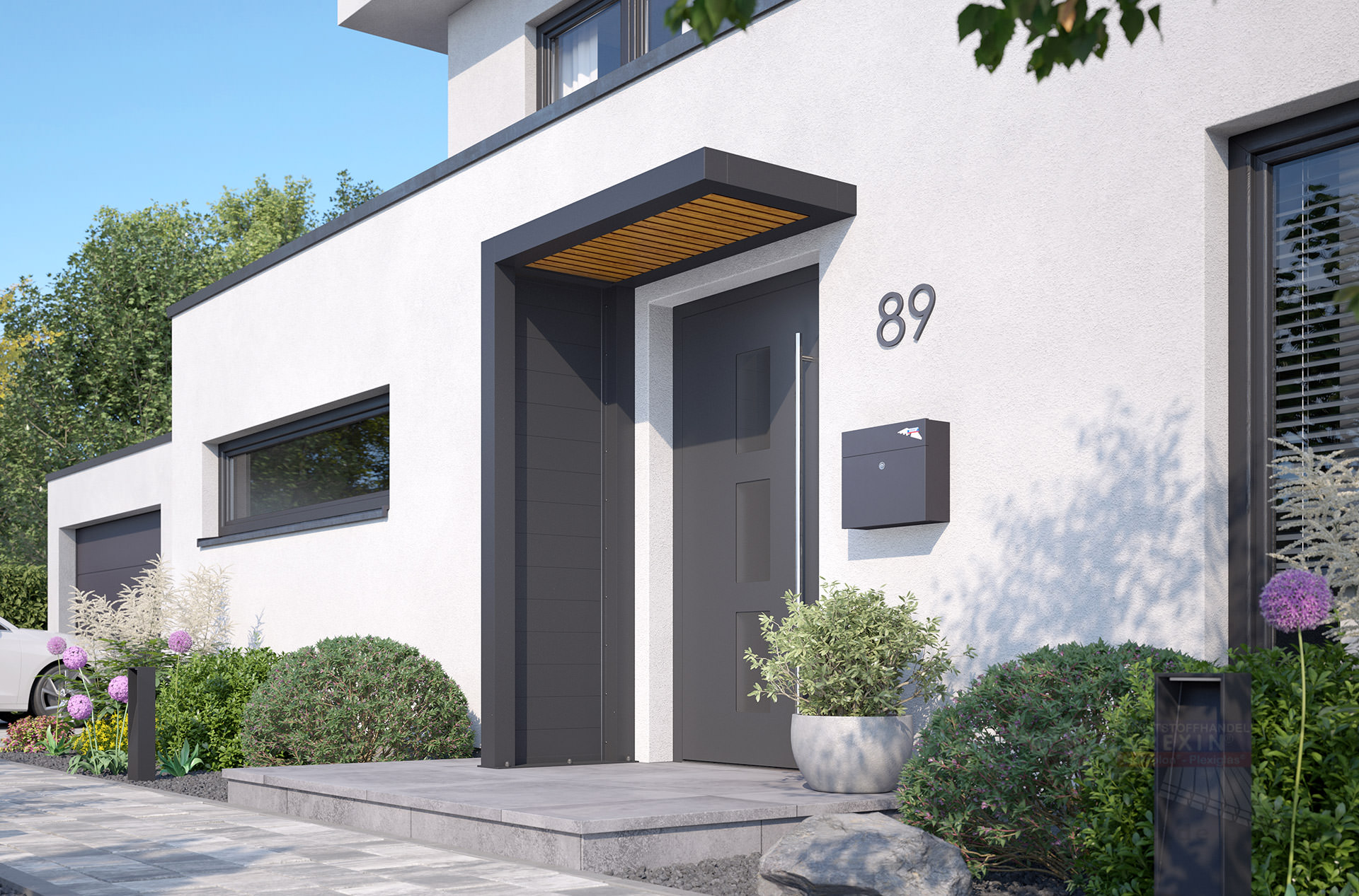 REXOlife® Haustür-Vordach, Dach: Rhombus, Golden Oak – Seitenteil: Alu Trennwand, Anthrazit