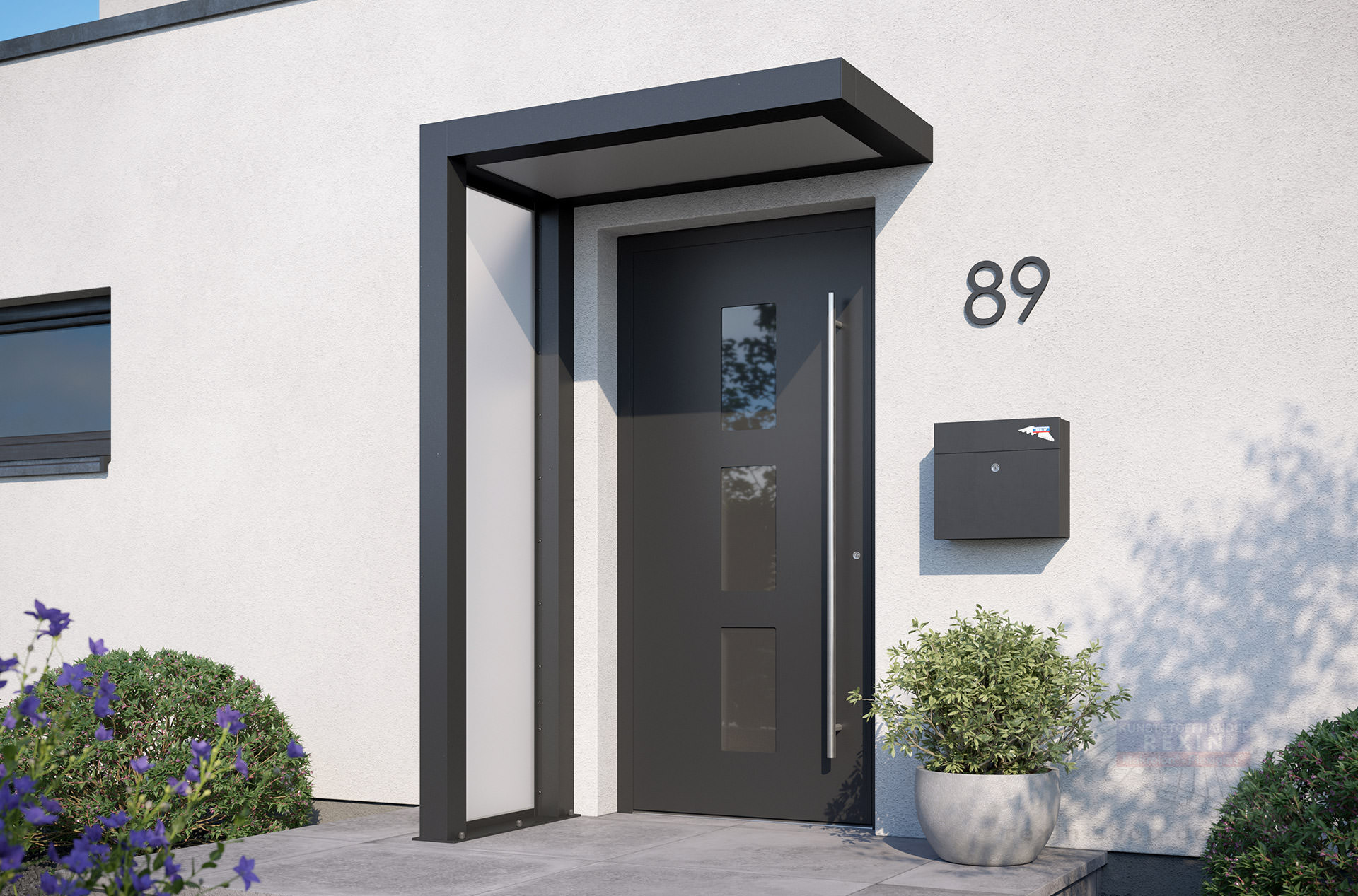 rexolife_1500x800_db703_plexi_satiniert_plexi_satiniert_links_kategoriebild REXOlife® Haustür-Vordach, Dach: PLEXIGLAS®, opal – Seitenteil: PLEXIGLAS®, opal
