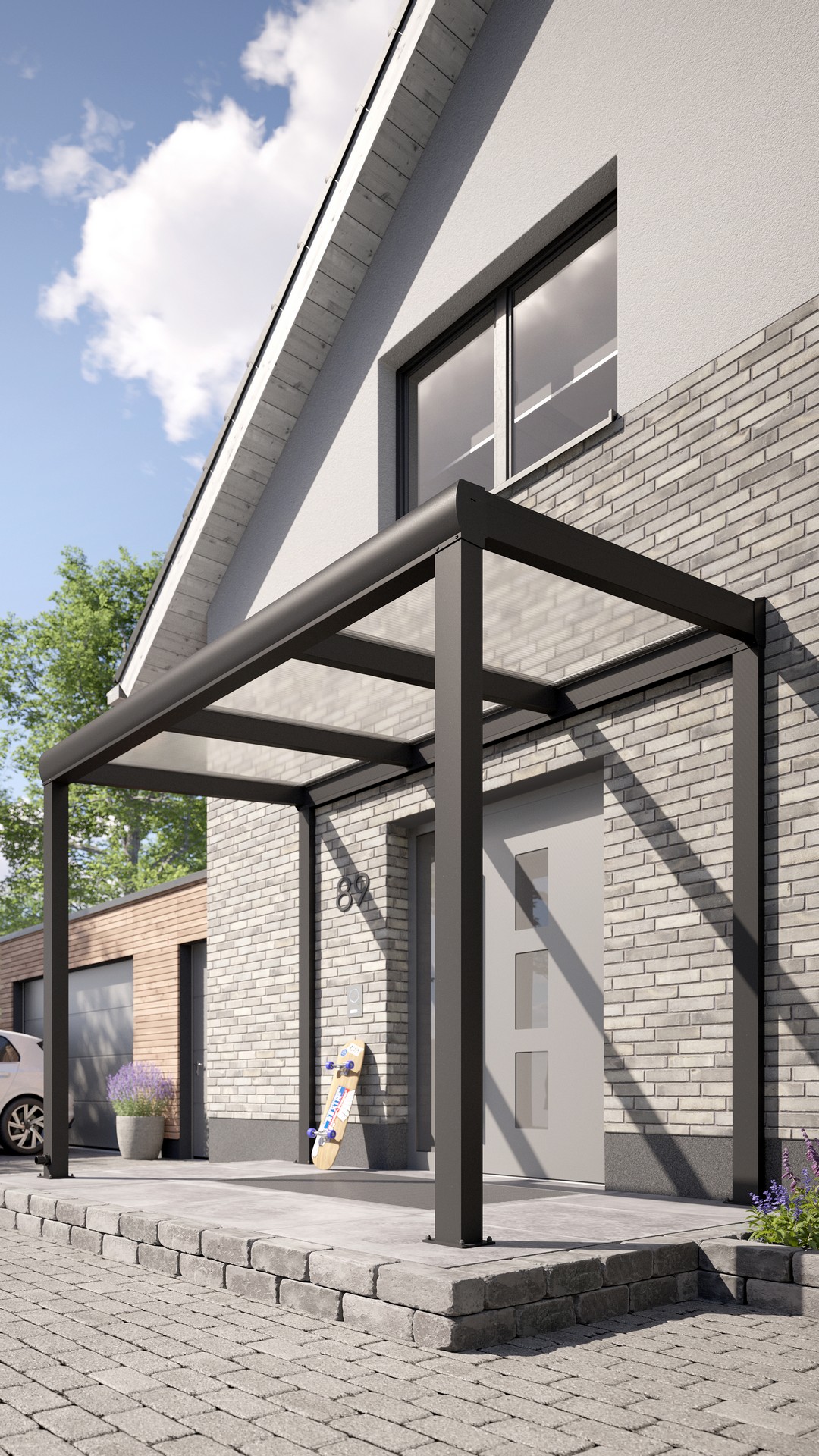 REXOvita® Alu Haustür-Vordach mit Wandpfosten,  3m x 2,5m