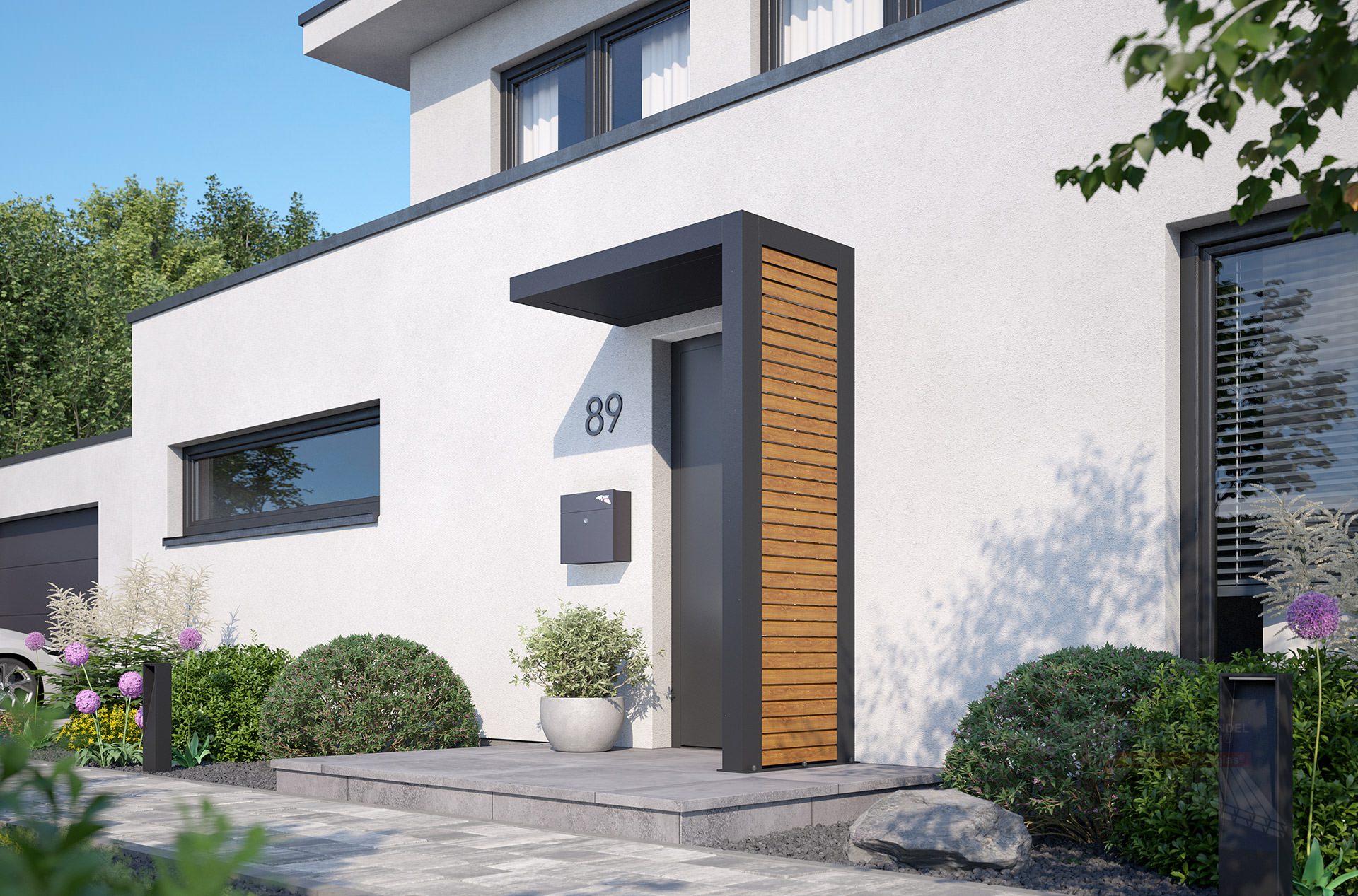 rexolife_1500x800_db703_rhombusprofile_goldenoak_aluplatte_db703_rechts_kamera_a_klein REXOlife® Haustür-Vordach, Dach: Aluminium, Anthrazit – Seitenteil: Rhombus, Golden Oak