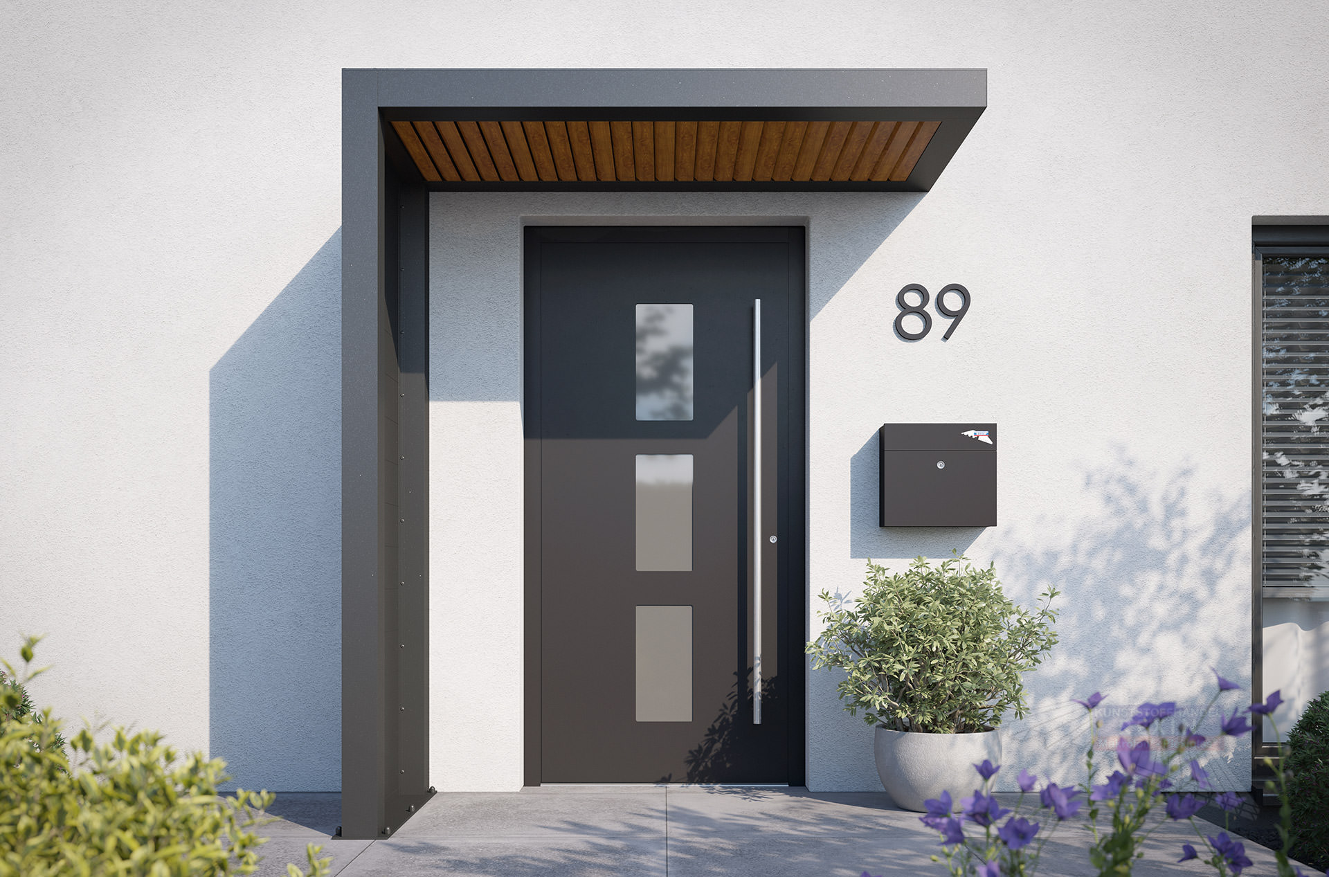 REXOlife® Haustür-Vordach, Dach: Rhombus, Golden Oak – Seitenteil: Alu Trennwand, Anthrazit