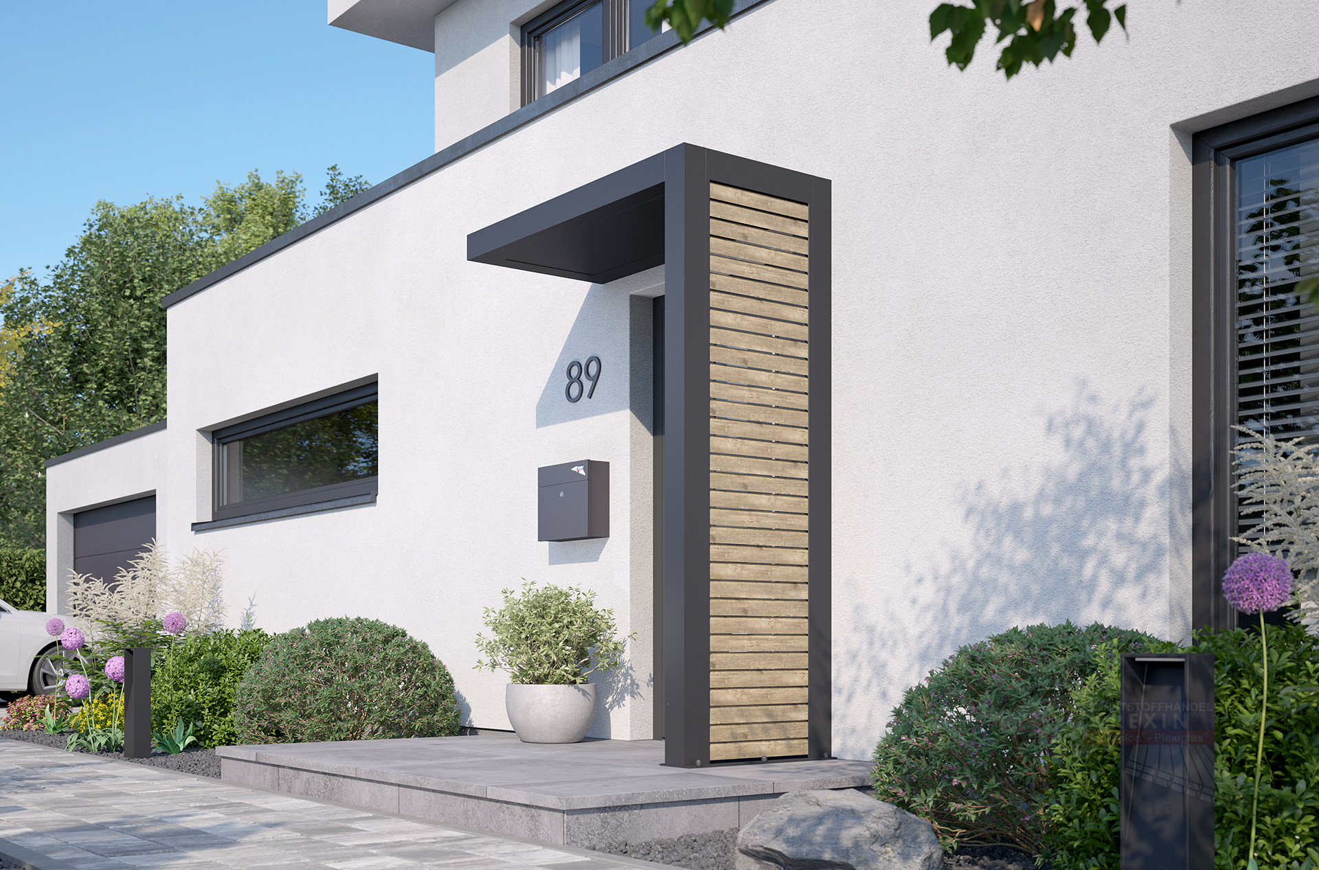rexolife_1500x800_db703_rhombusprofile_treibholz_aluplatte_db703_rechts_kamera_b_klein REXOlife® Haustür-Vordach, Dach: Aluminium, Anthrazit – Seitenteil: Rhombus, Treibholz