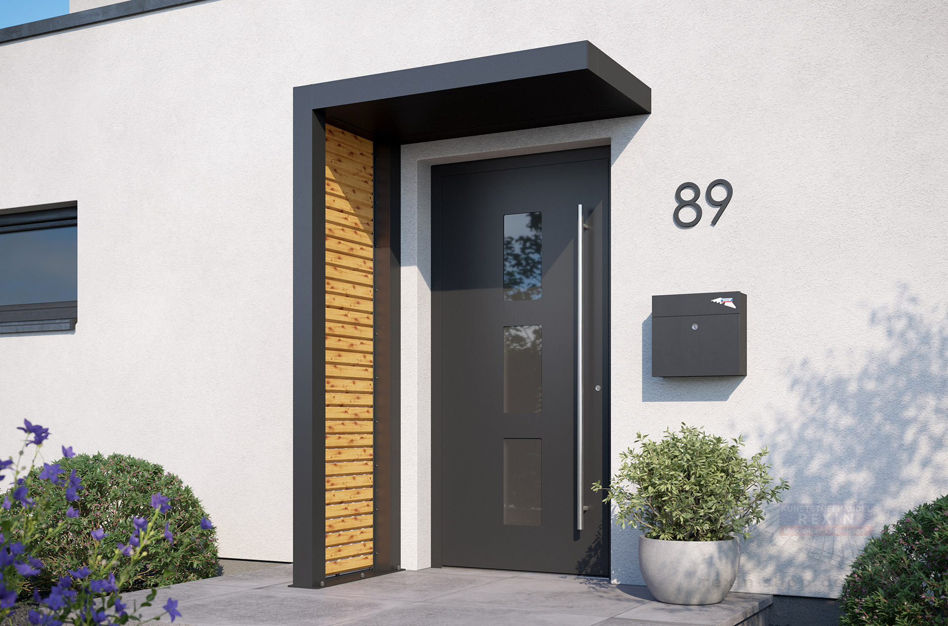 REXOlife® Haustür-Vordach, Dach: Aluminium, Anthrazit – Seitenteil: Rhombus, Fichte