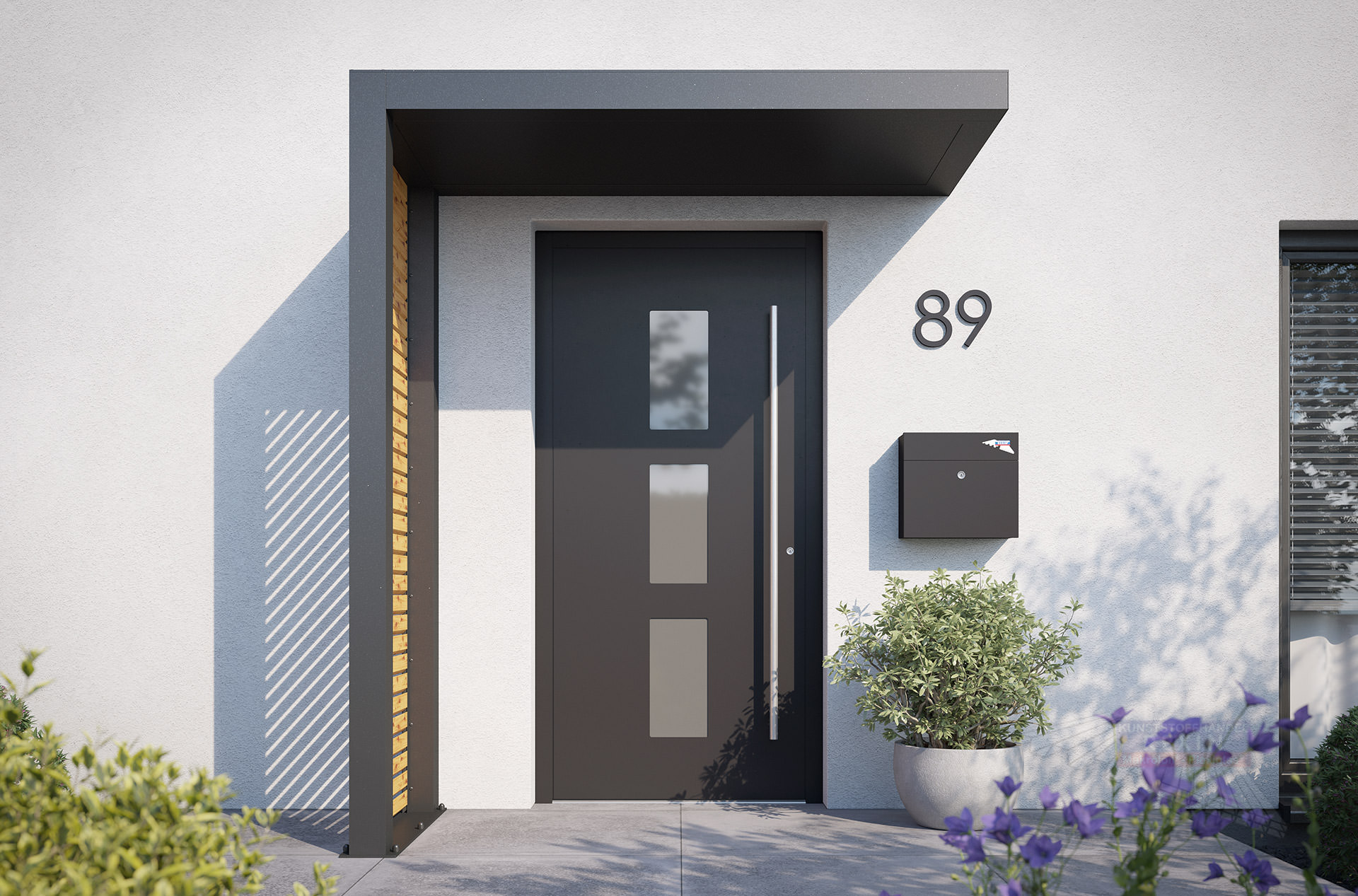 REXOlife® Haustür-Vordach, Dach: Aluminium, Anthrazit – Seitenteil: Rhombus, Fichte