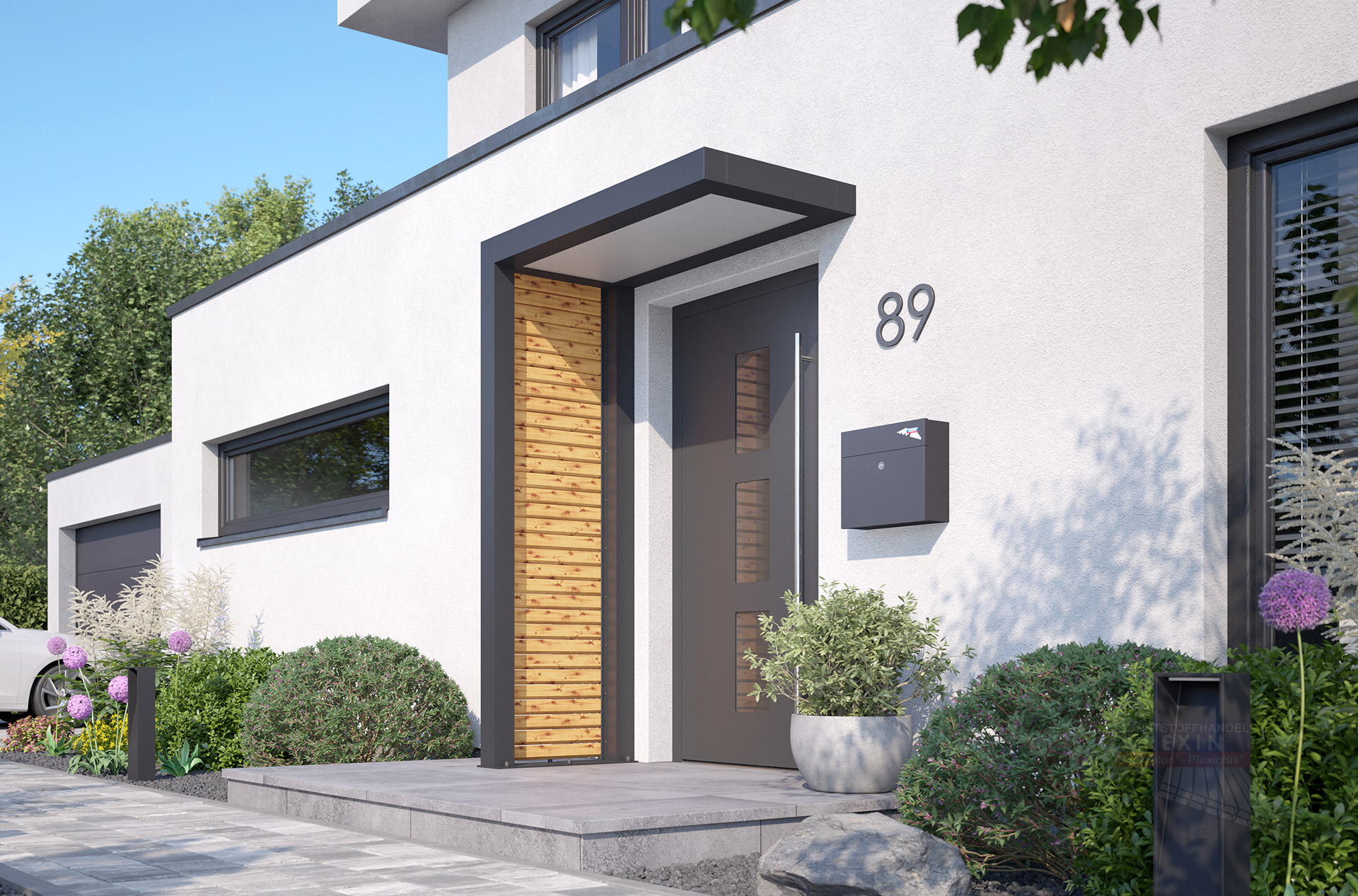 REXOlife® Haustür-Vordach, Dach: PLEXIGLAS® – Seitenteil: Rhombus, Fichte