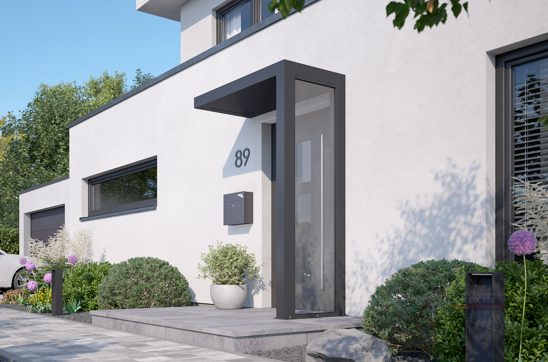 REXOlife® Haustür-Vordach, Dach: Aluminium, Anthrazit – Seitenteil: PLEXIGLAS®