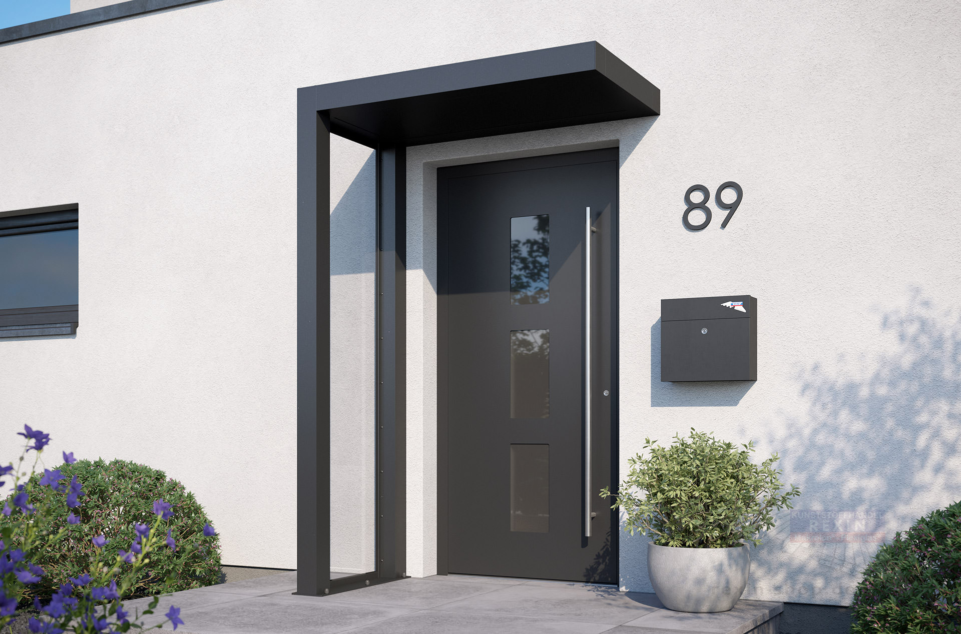 REXOlife® Haustür-Vordach, Dach: Aluminium, Anthrazit – Seitenteil: PLEXIGLAS®