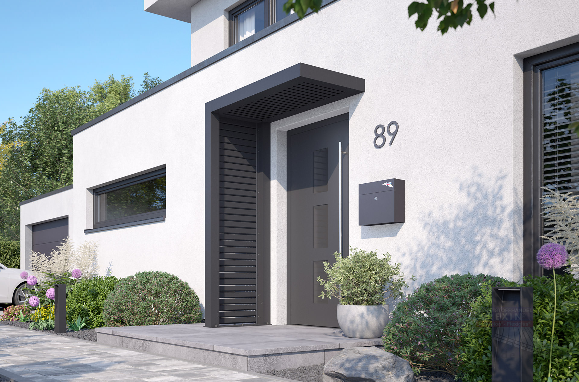 REXOlife® Haustür-Vordach, Dach: Rhombus, Anthrazit – Seitenteil Rhombus, Anthrazit