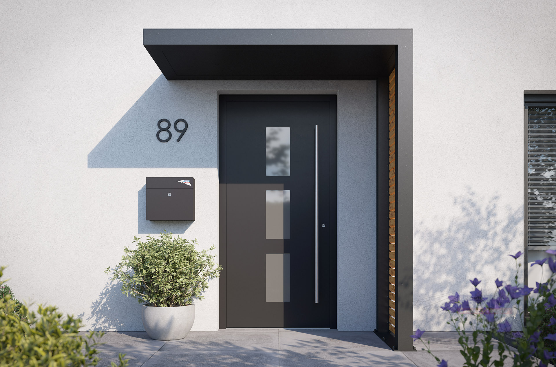REXOlife® Haustür-Vordach, Dach: Aluminium, Anthrazit – Seitenteil: Rhombus, Fichte