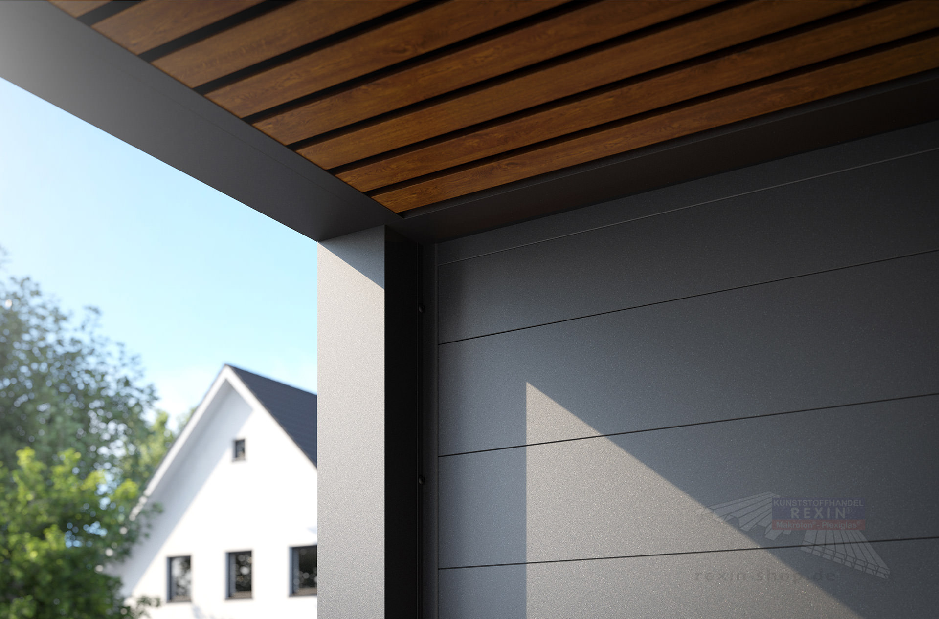 REXOlife® Haustür-Vordach, Dach: Rhombus, Golden Oak – Seitenteil: Alu Trennwand, Anthrazit